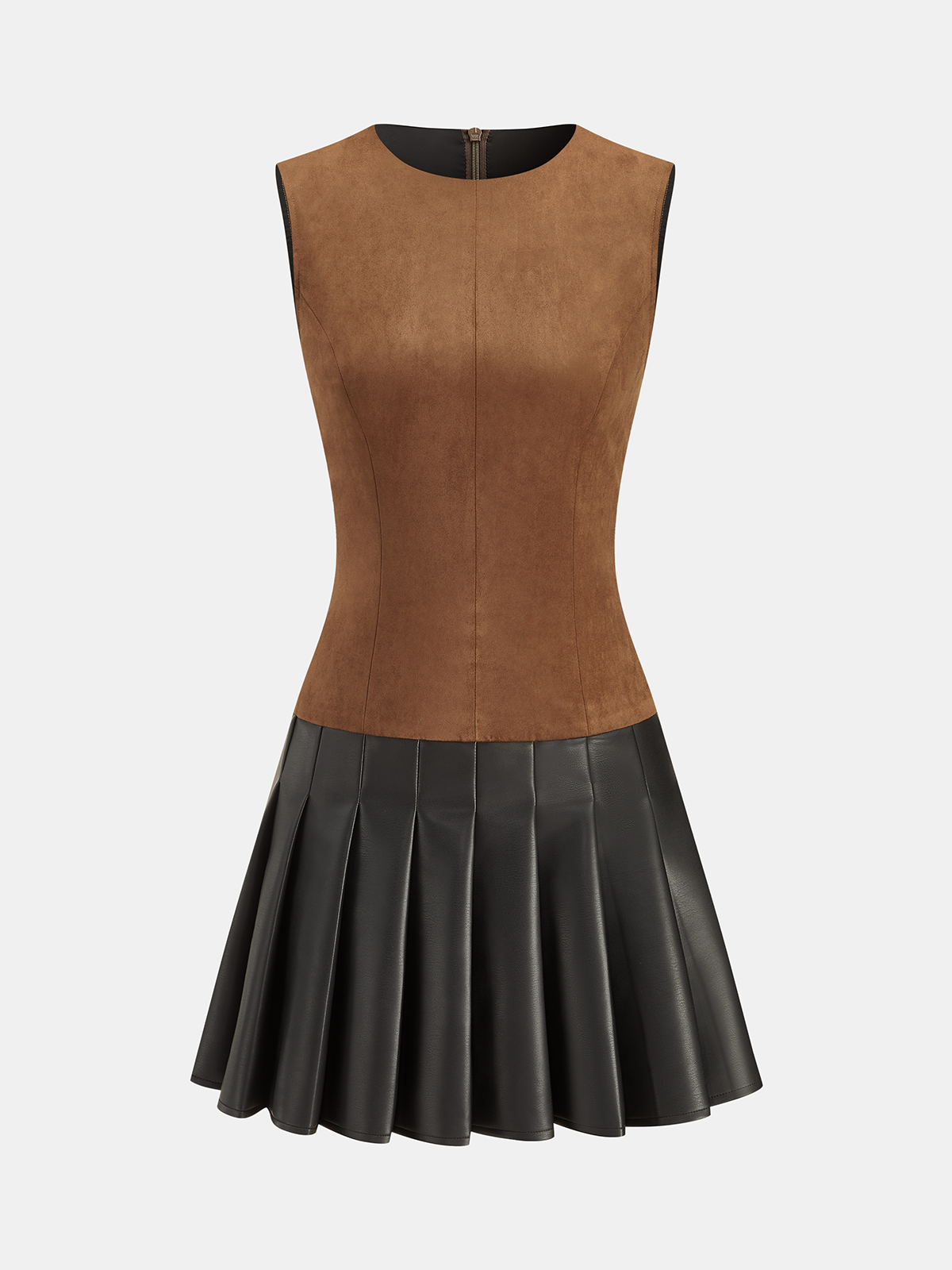 Pleated Faux Leather Hem Sleeveless Suede Effect Dress
