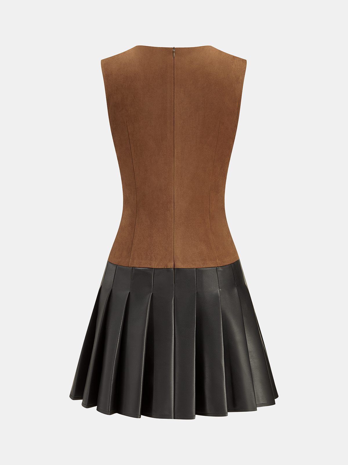 Pleated Faux Leather Hem Sleeveless Suede Effect Dress