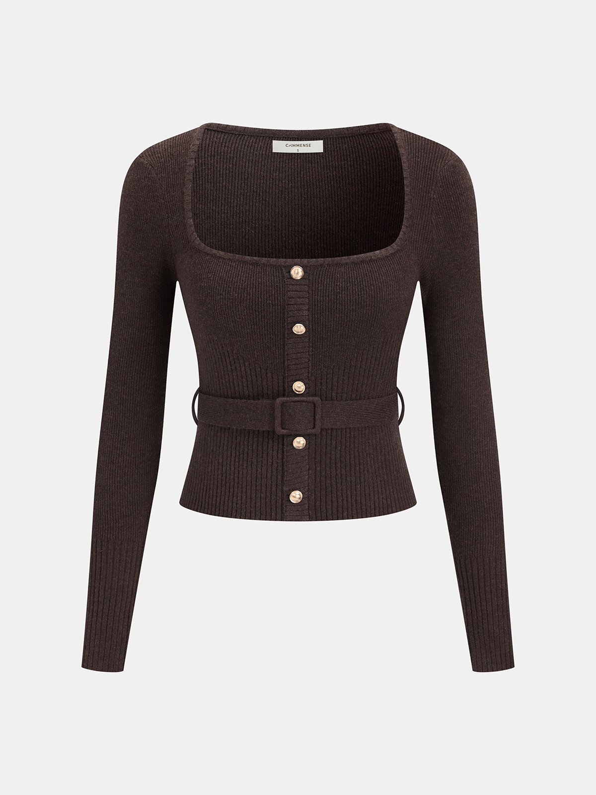 Square Neck Belted Wool-Blend Ribbed Sweater