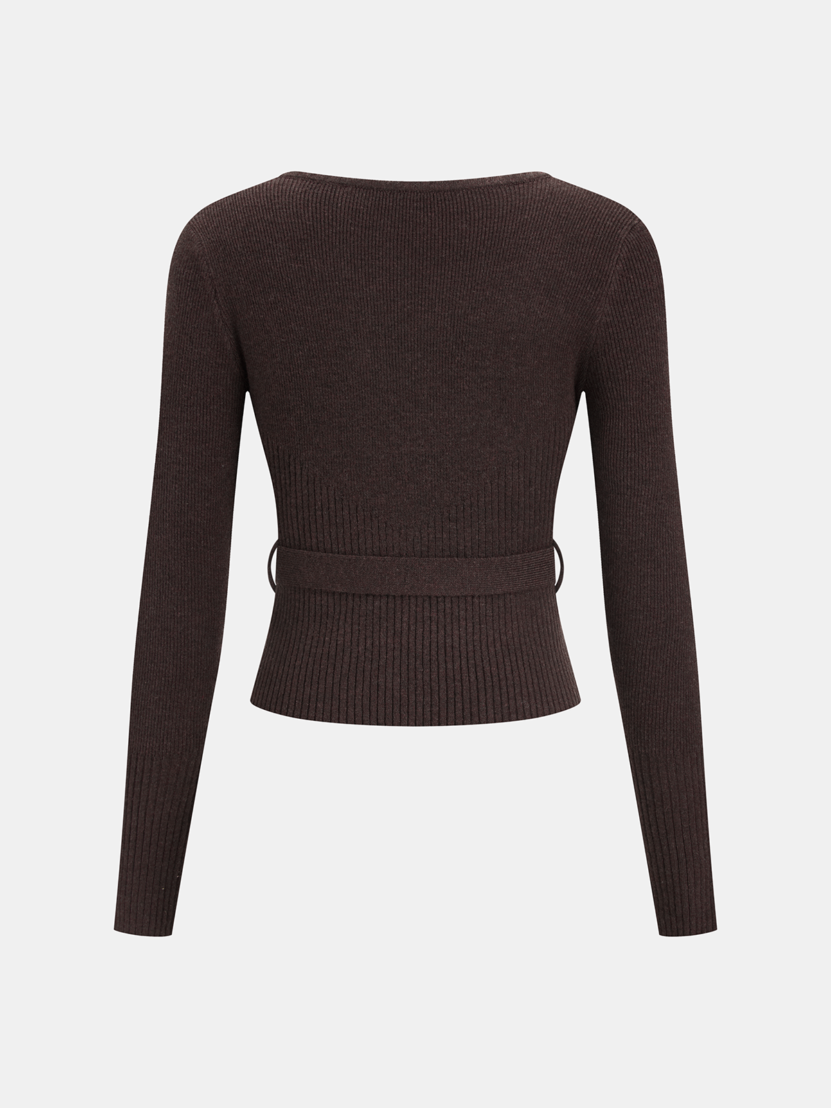 Square Neck Belted Wool-Blend Ribbed Sweater