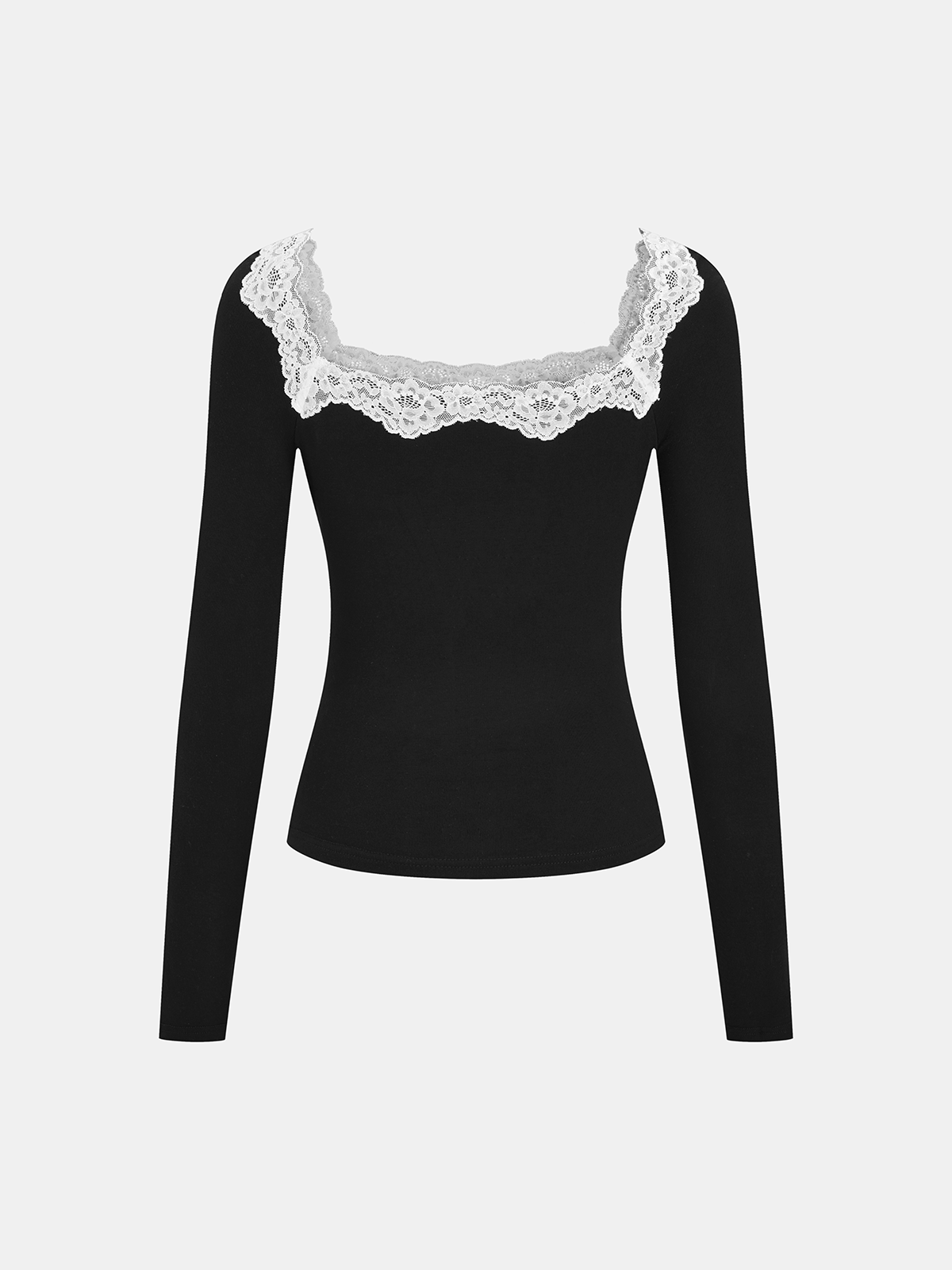 Lace Square Neck Ribbed Long-Sleeve Top