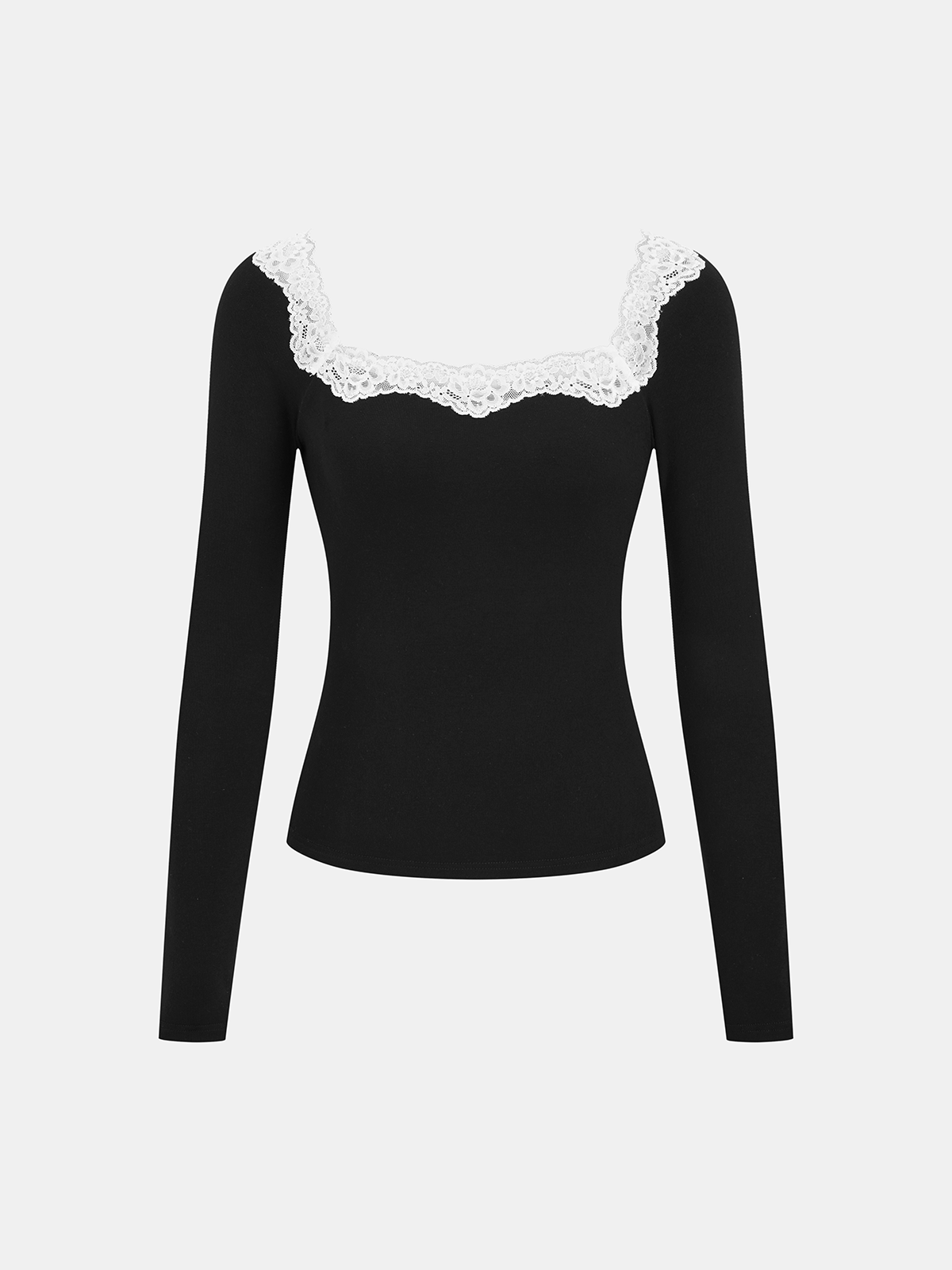 Lace Square Neck Ribbed Long-Sleeve Top