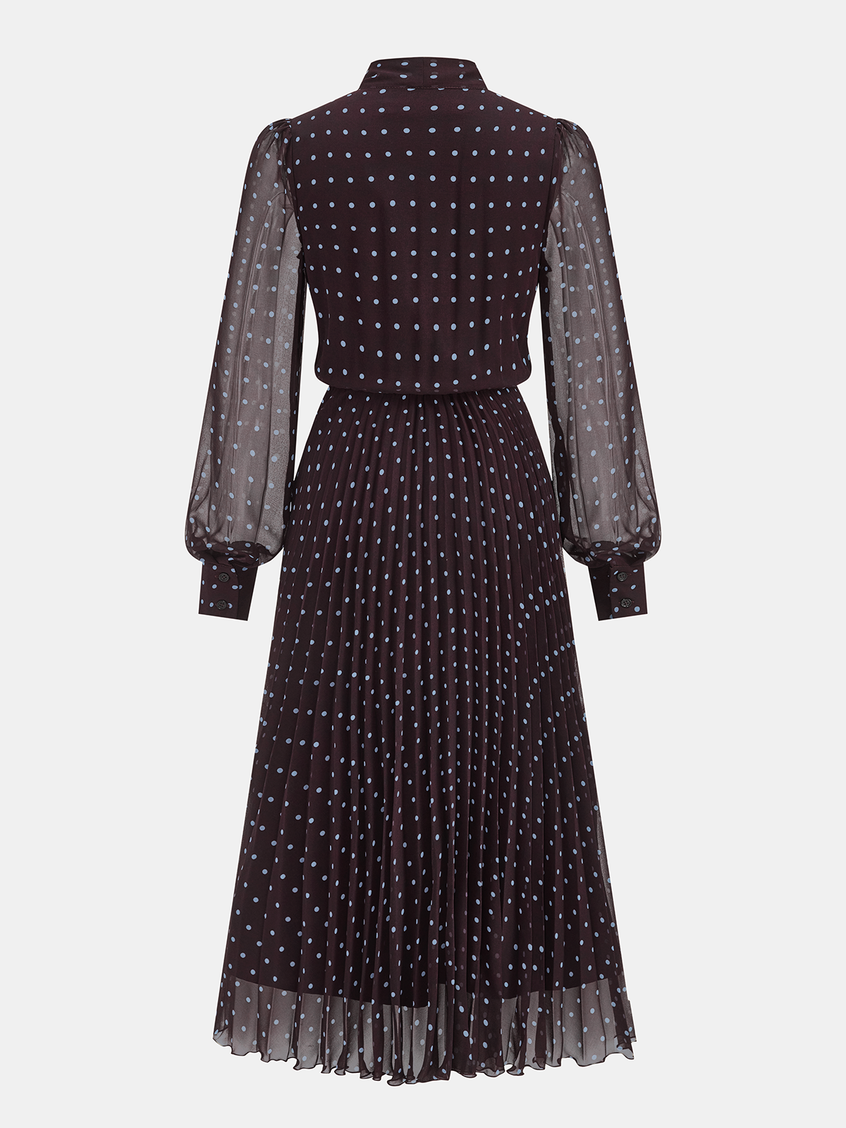 Robe longue en mousseline plissée à pois et col lavallière