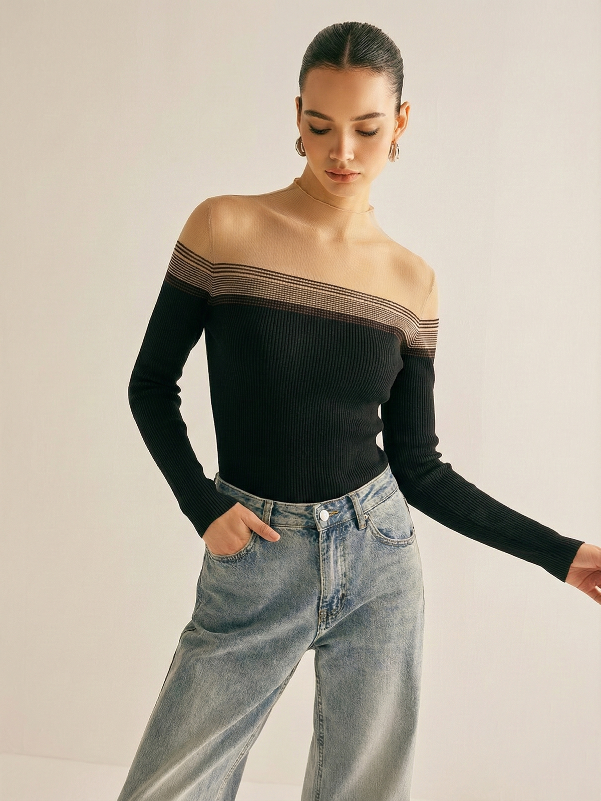 Sheer Panel Mock Neck Ribbed Knit Top