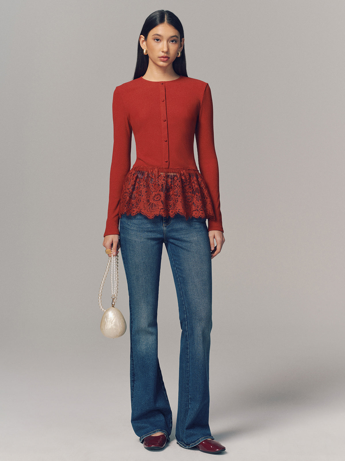 Lace Hem Ribbed Long Sleeve Top