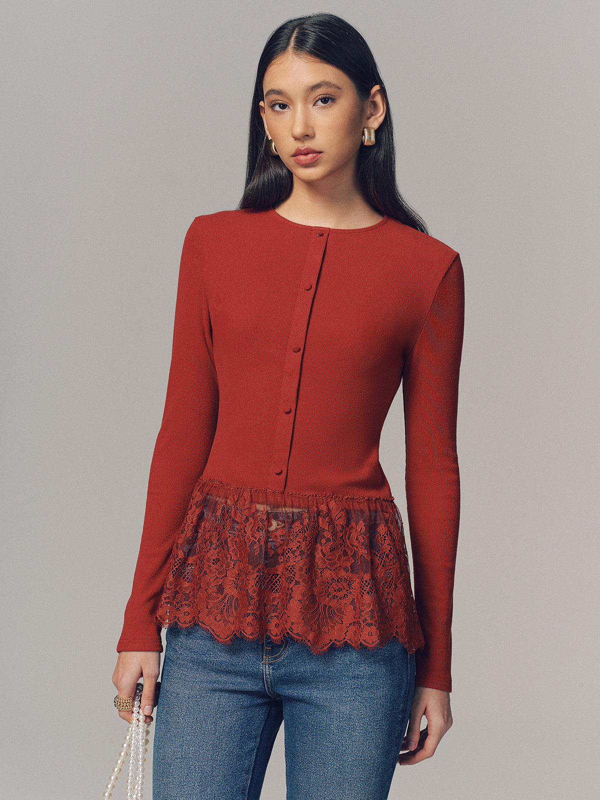 Lace Hem Ribbed Long Sleeve Top