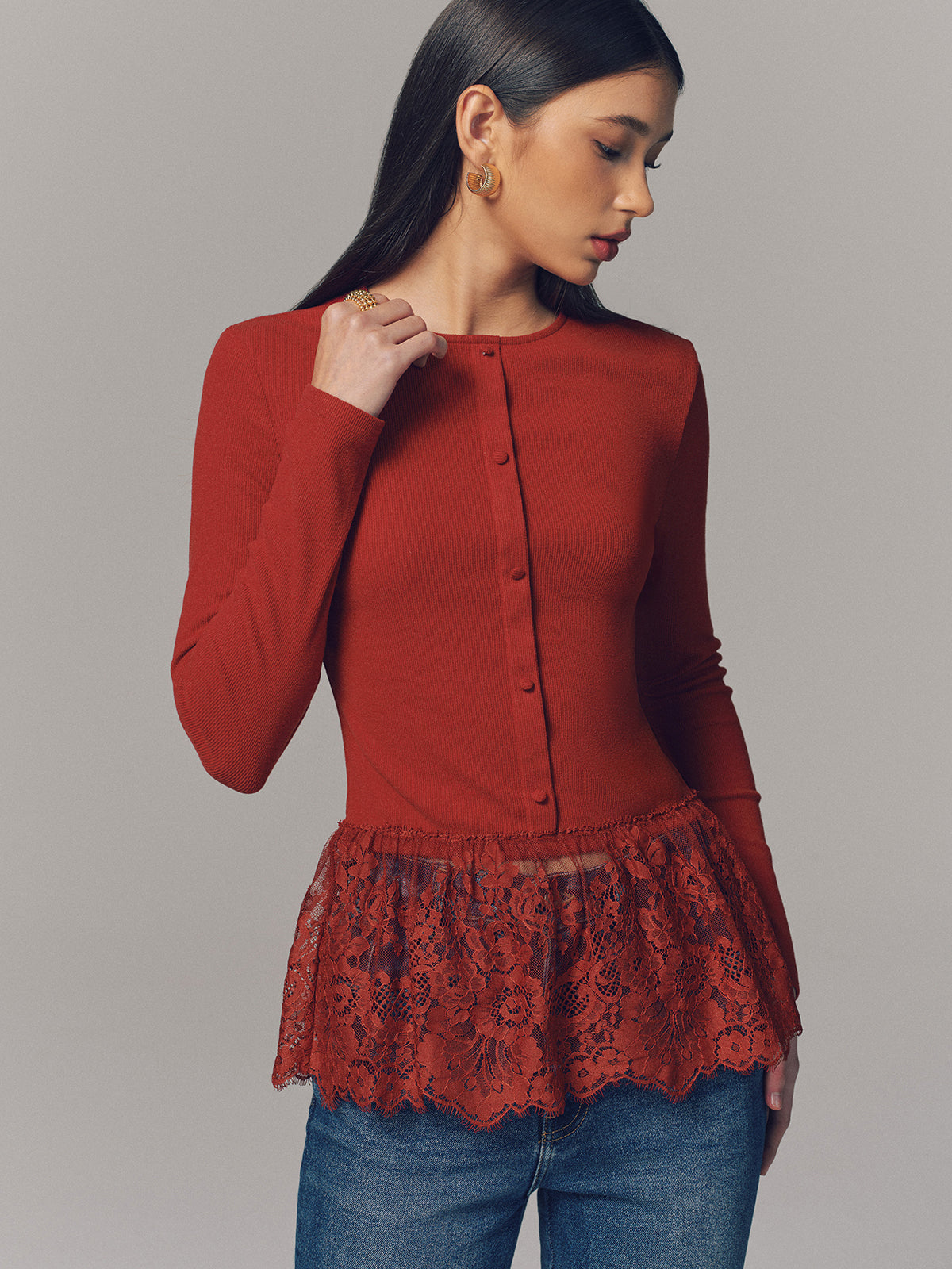 Lace Hem Ribbed Long Sleeve Top