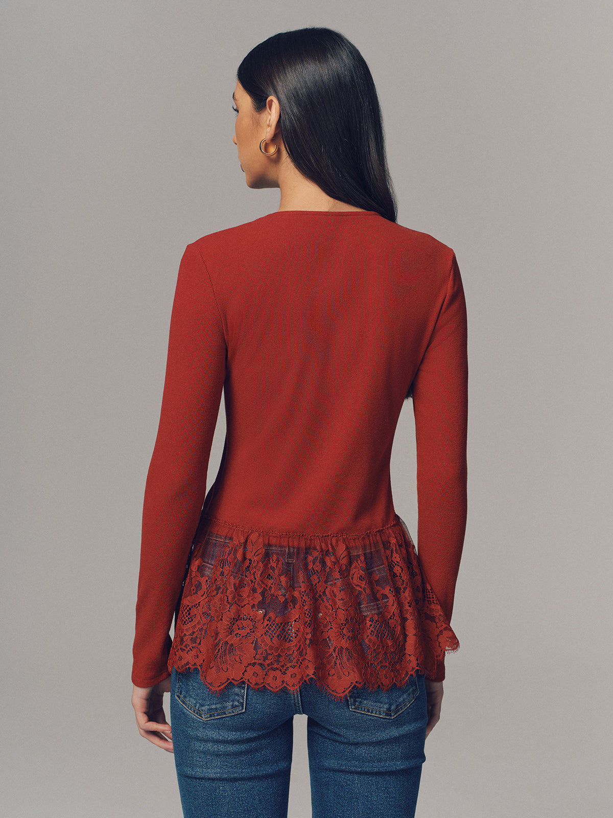 Lace Hem Ribbed Long Sleeve Top