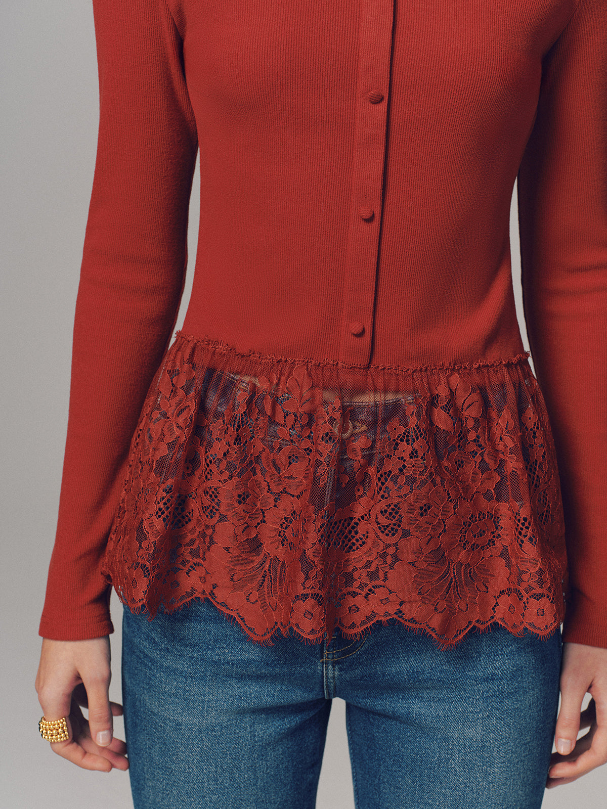 Lace Hem Ribbed Long Sleeve Top
