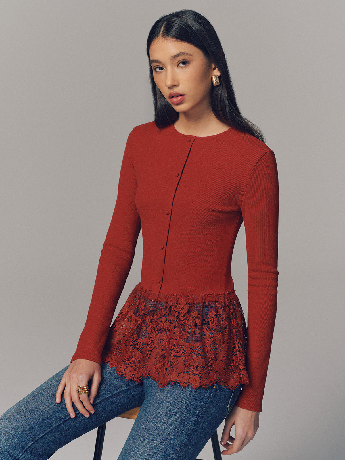 Lace Hem Ribbed Long Sleeve Top