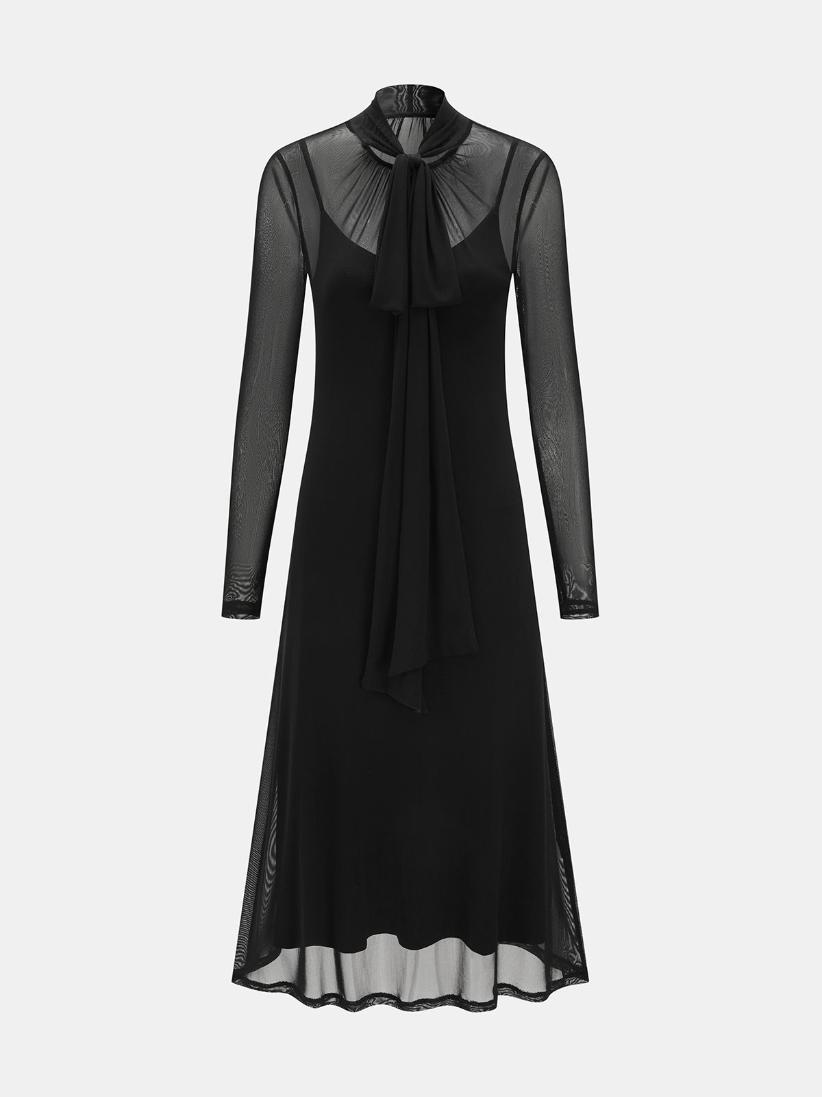 Semi-Sheer Mesh Tie-Neck Maxi Dress