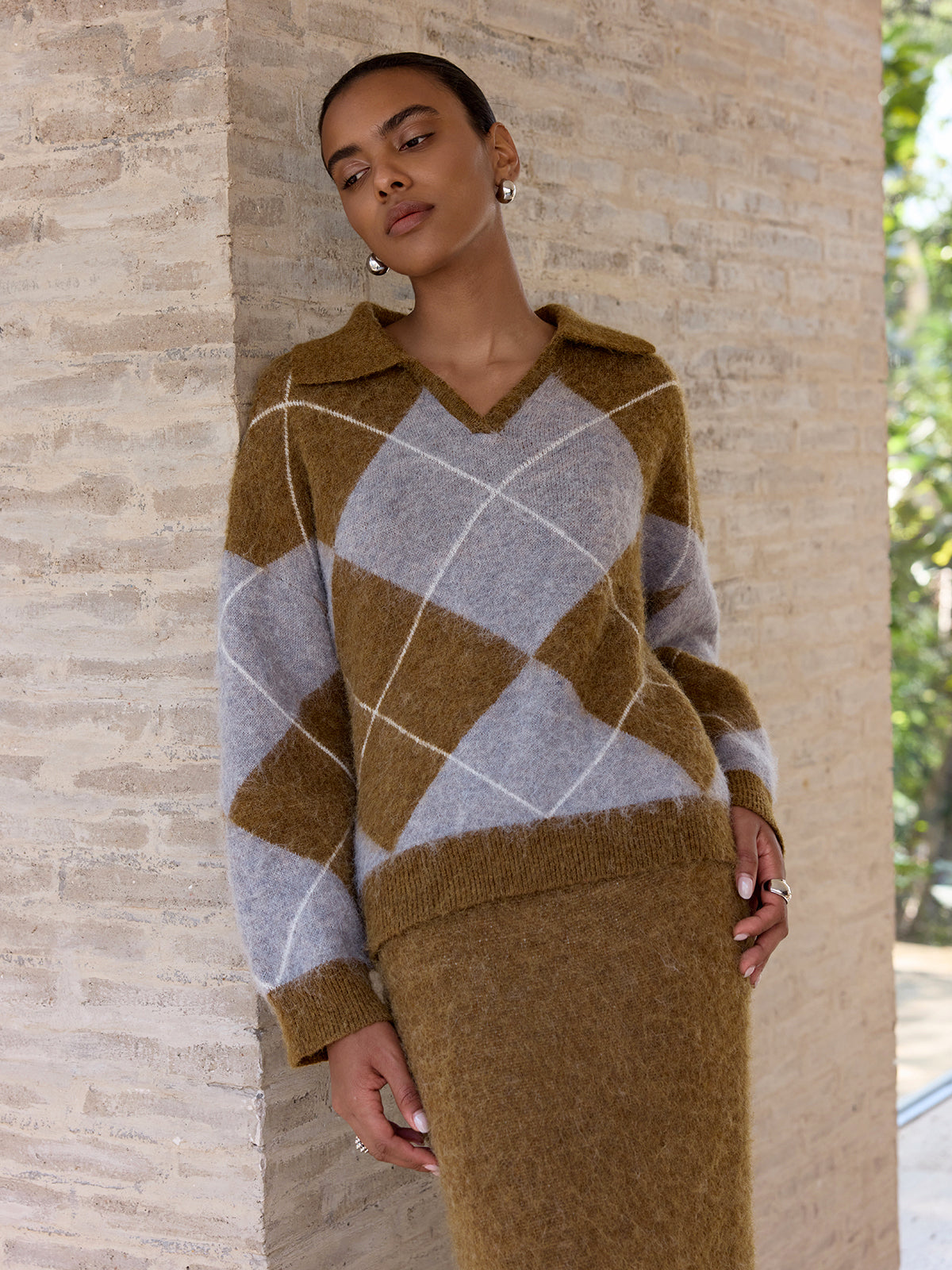 Ensemble pull en maille mélangée à motif argyle et jupe longue