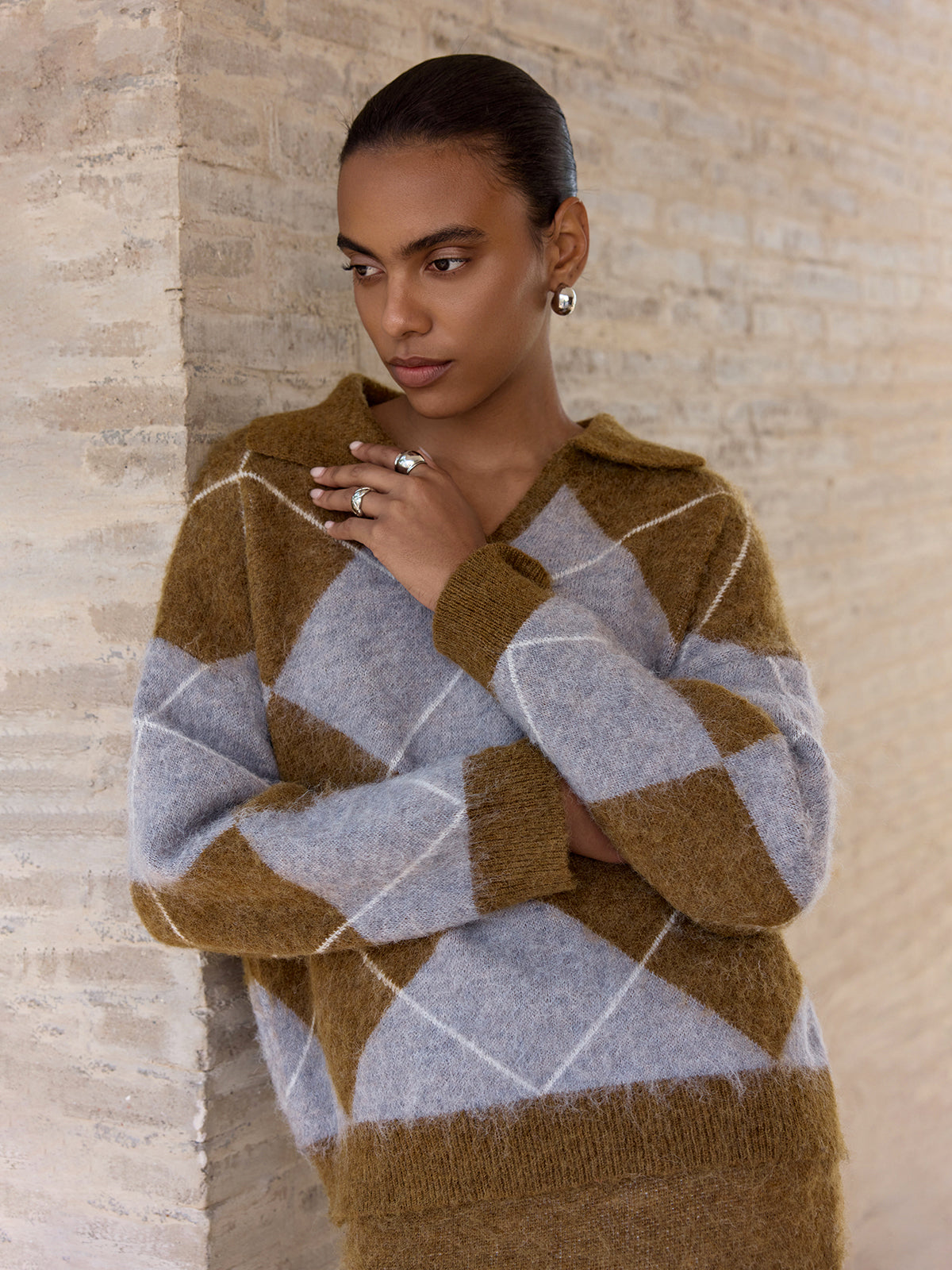 Ensemble pull en maille mélangée à motif argyle et jupe longue