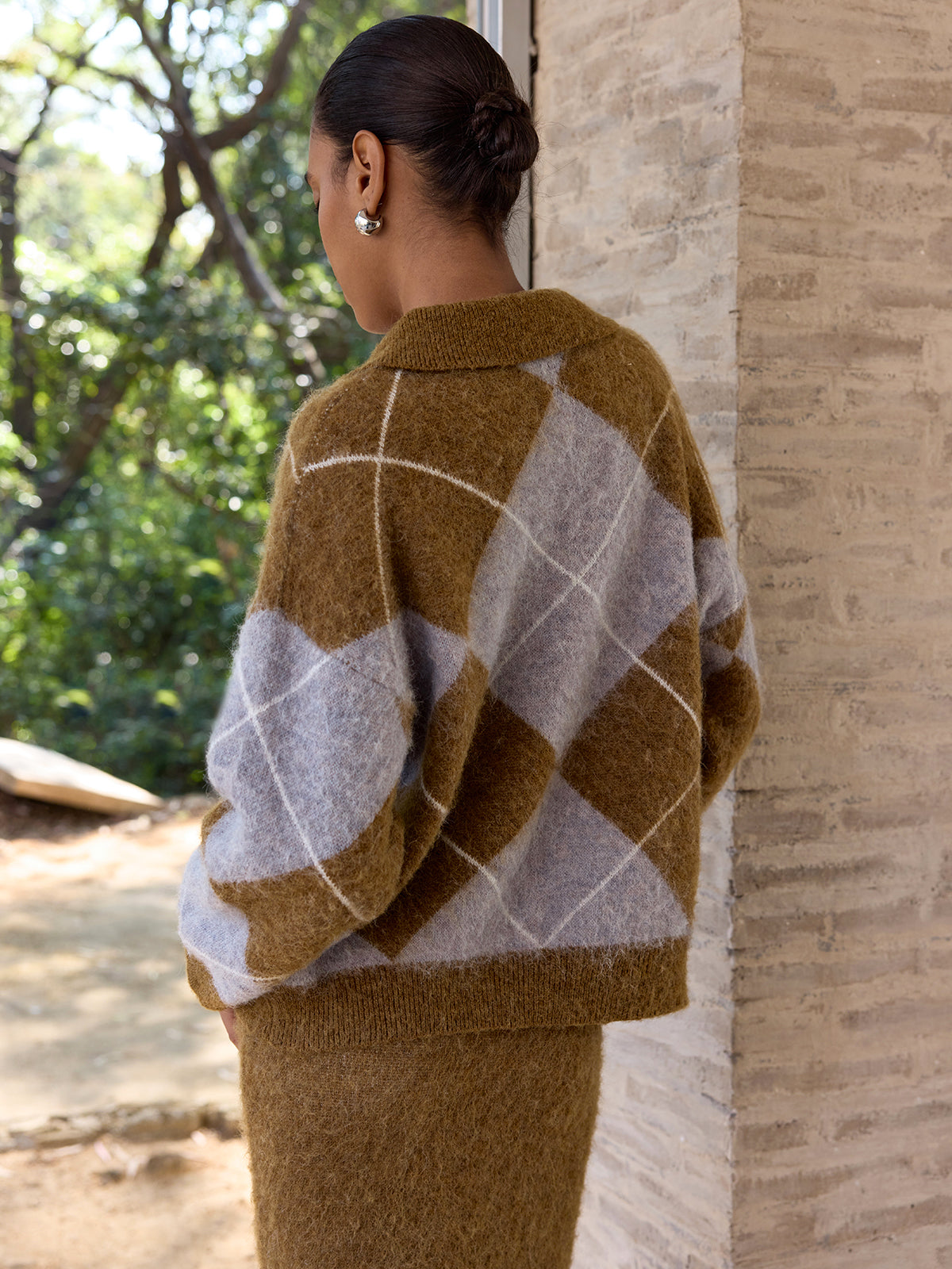 Ensemble pull en maille mélangée à motif argyle et jupe longue
