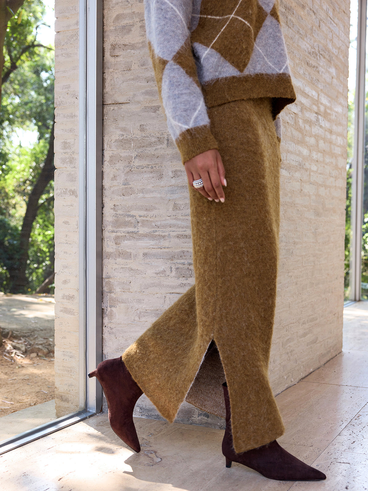 Ensemble pull en maille mélangée à motif argyle et jupe longue