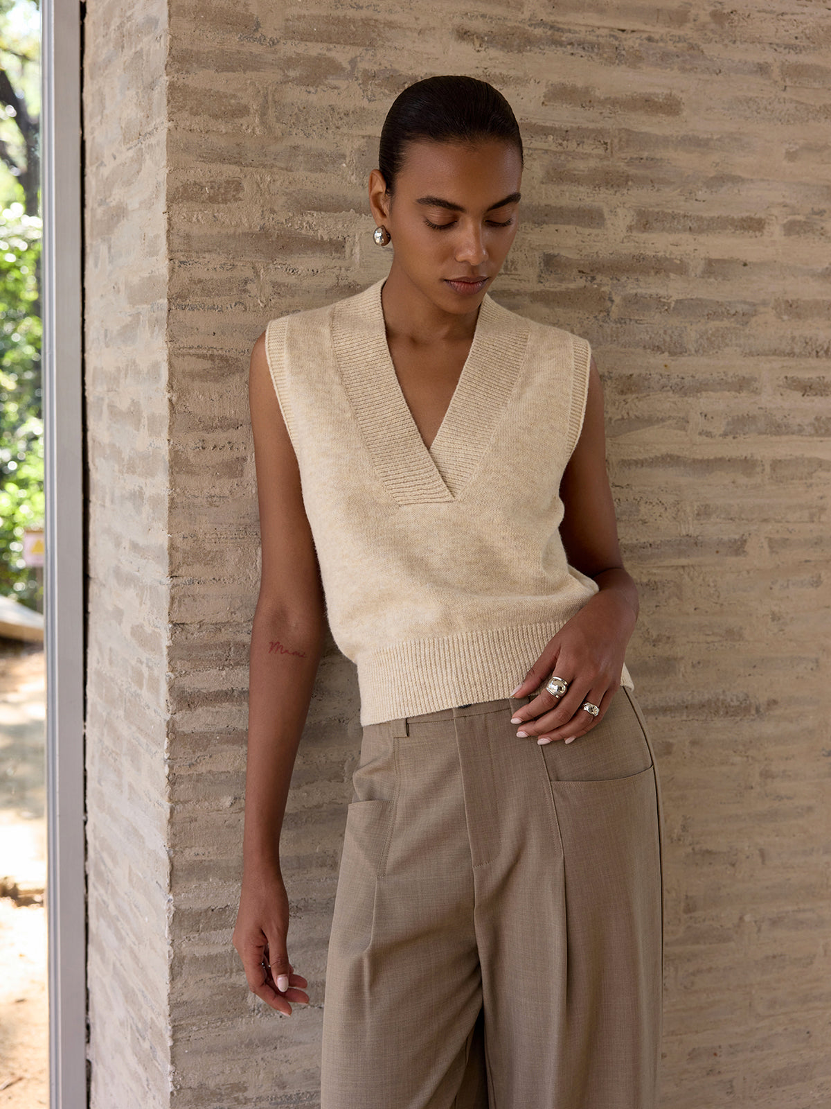 Wool-Blend V-Neck Sleeveless Knit Vest
