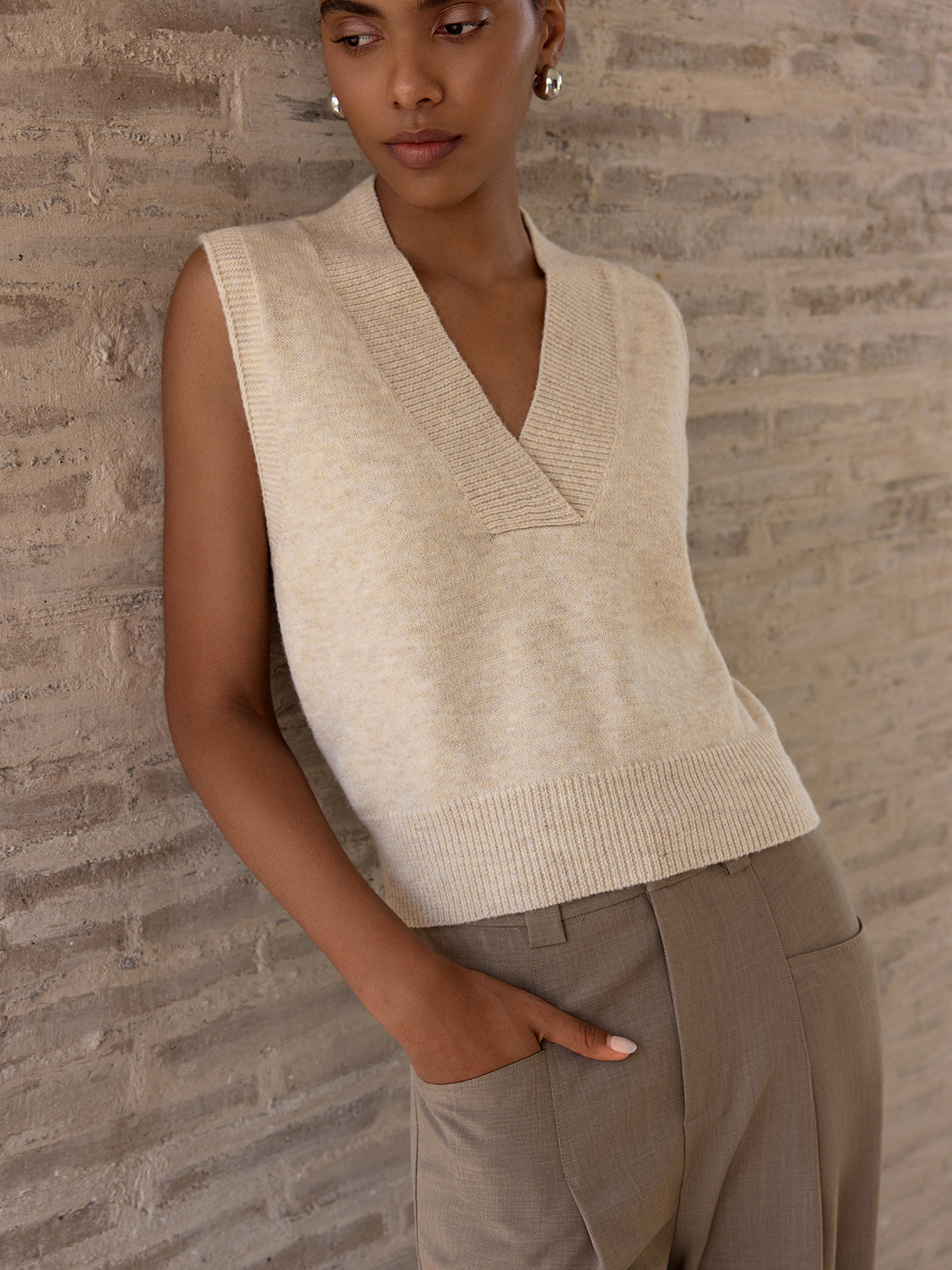 Wool-Blend V-Neck Sleeveless Knit Vest