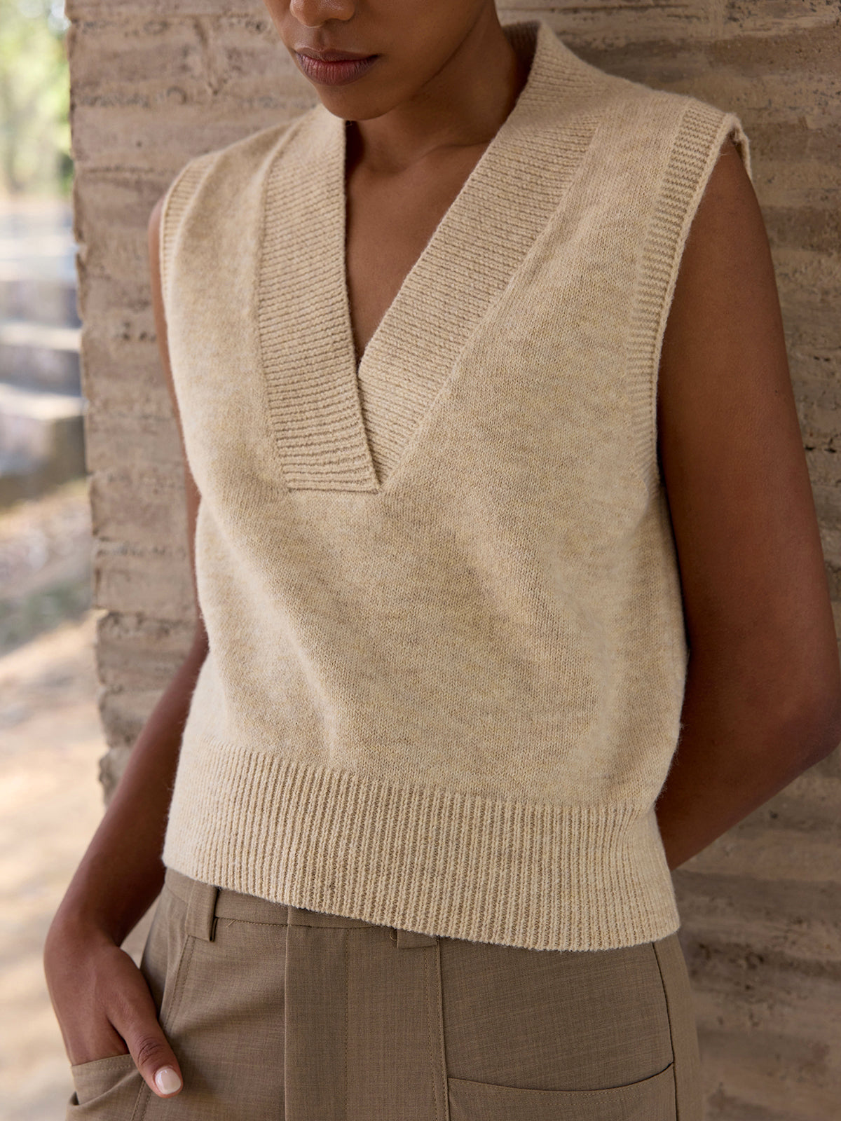 Wool-Blend V-Neck Sleeveless Knit Vest