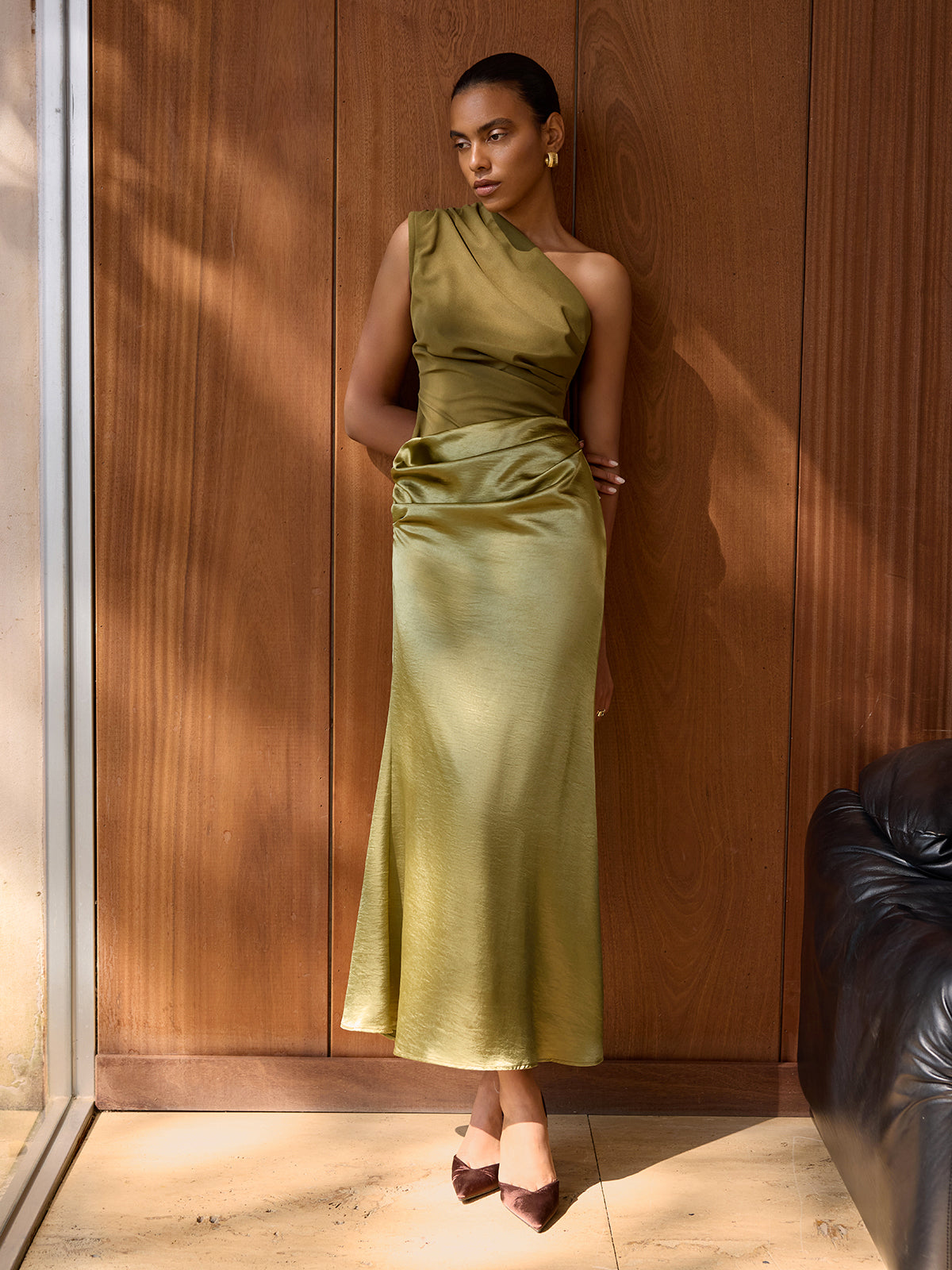 Satin One-Shoulder Ruched Maxi Dress