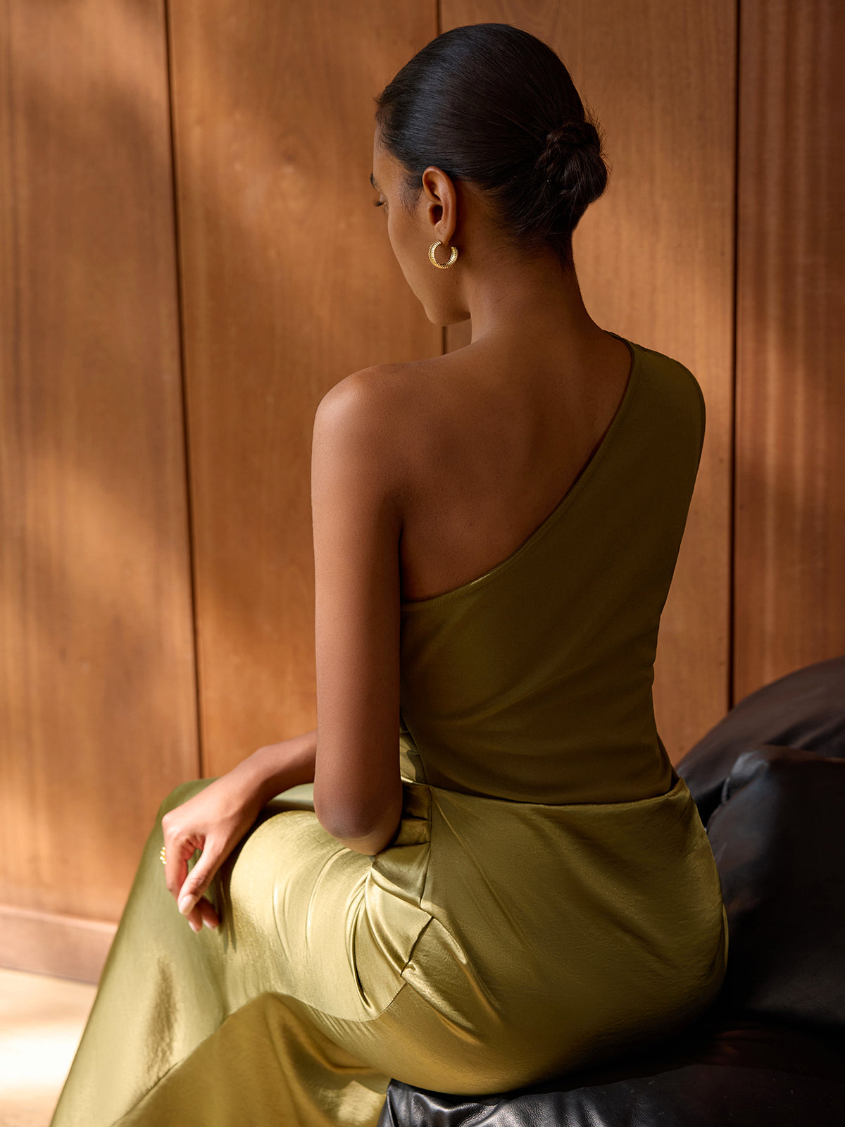 Satin One-Shoulder Ruched Maxi Dress