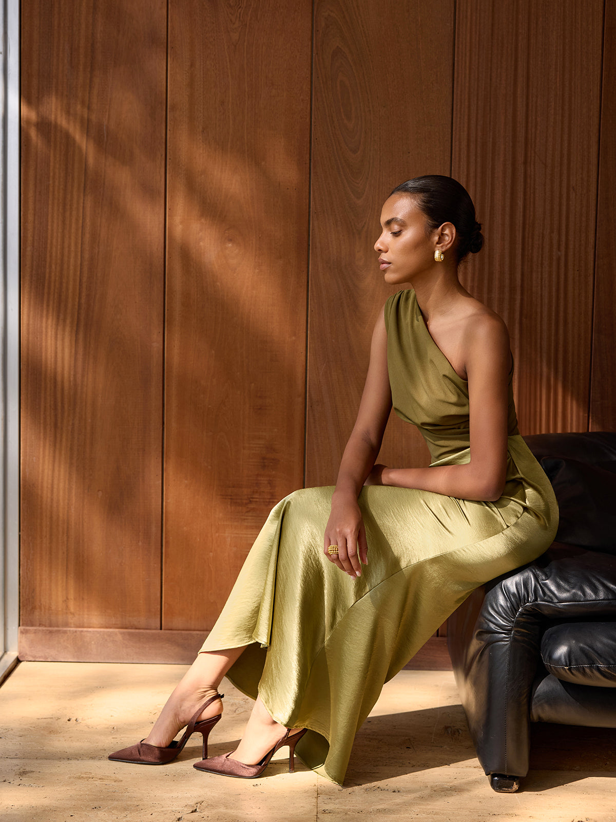 Satin One-Shoulder Ruched Maxi Dress