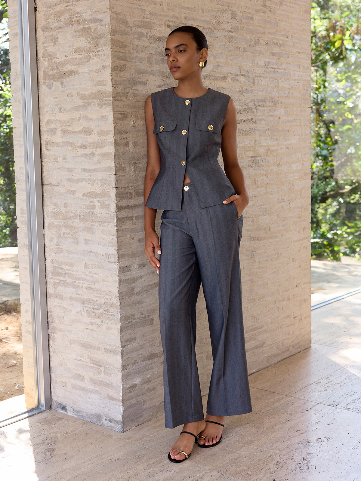 Metal Button Sleeveless Blazer Vest