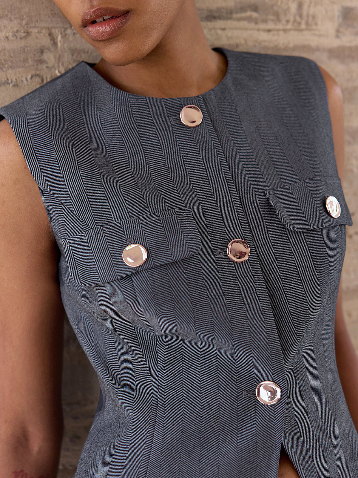 Metal Button Sleeveless Blazer Vest