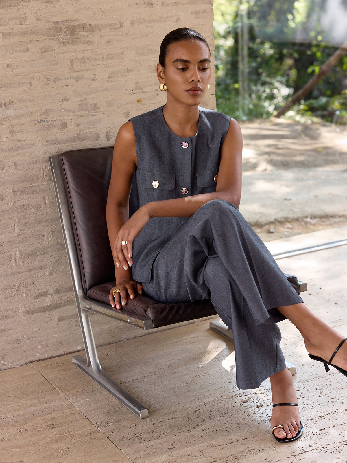 Metal Button Sleeveless Blazer Vest