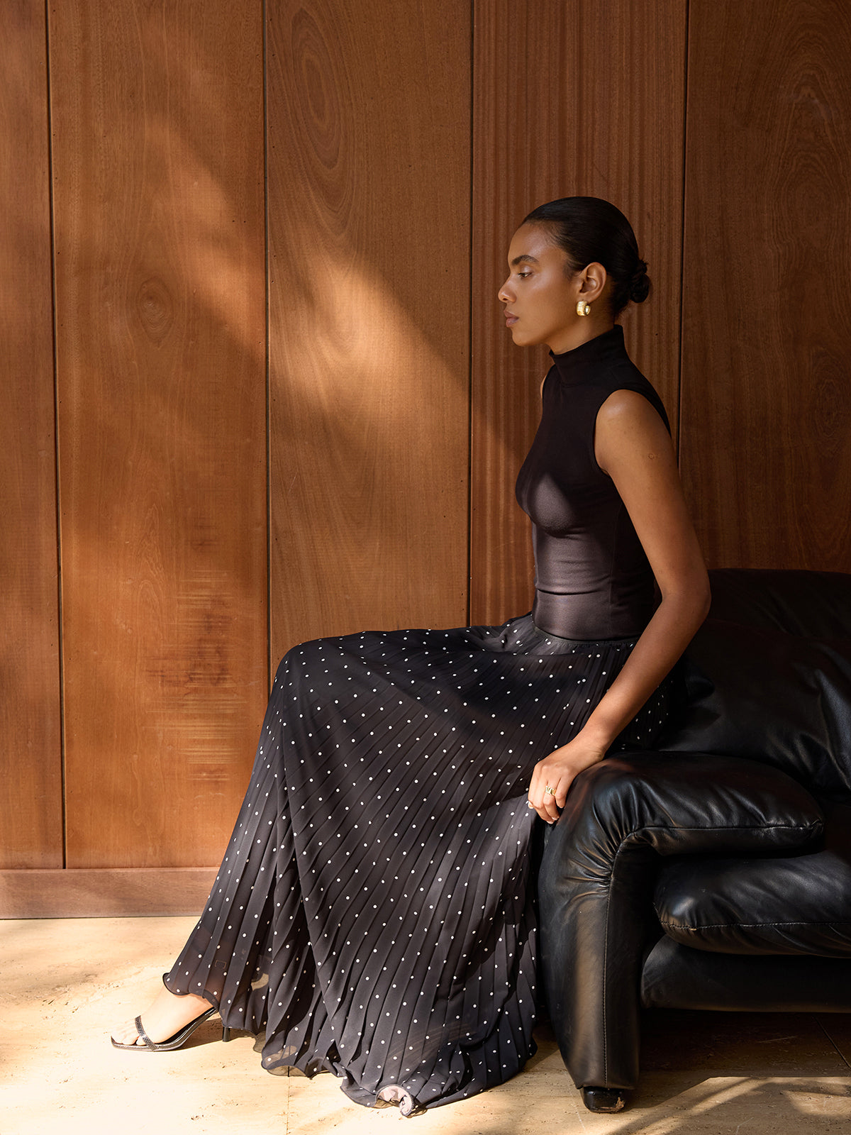 Turtleneck Polka-Dot Pleated Maxi Dress
