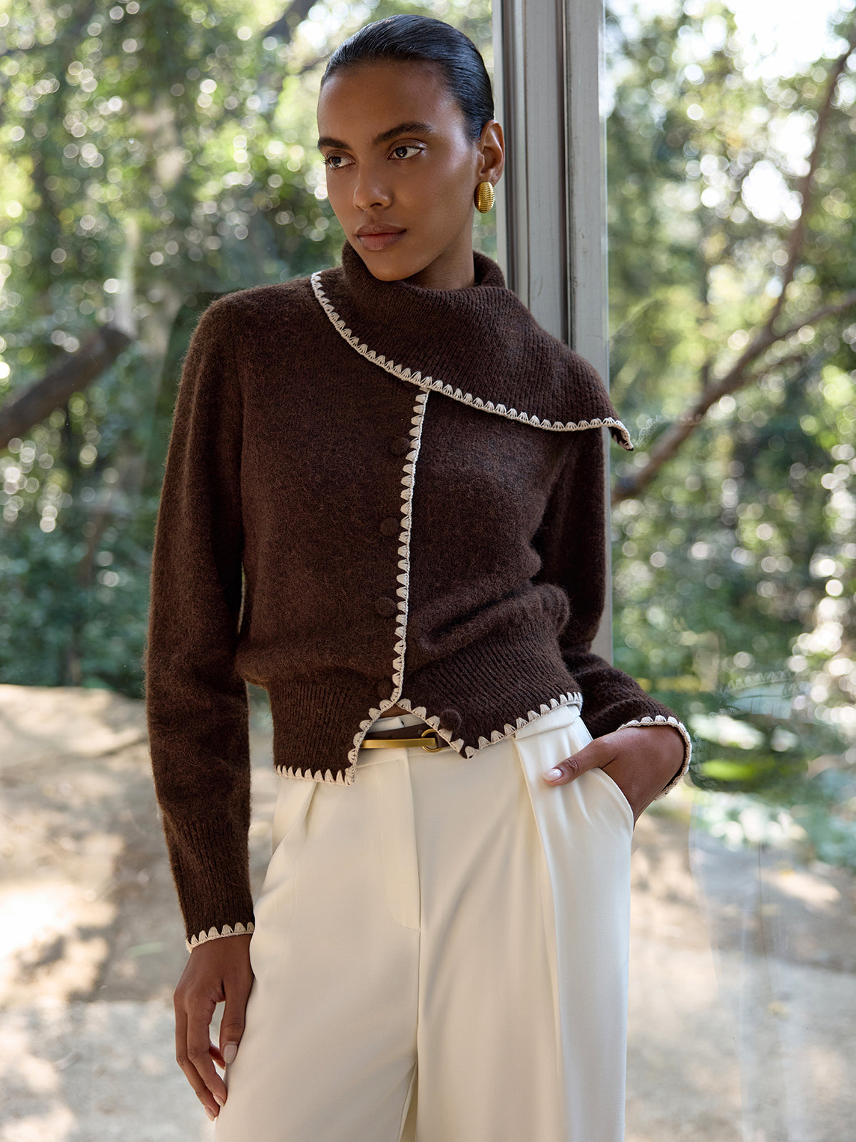 Scalloped Trim Wool-Blend Knit Cardigan