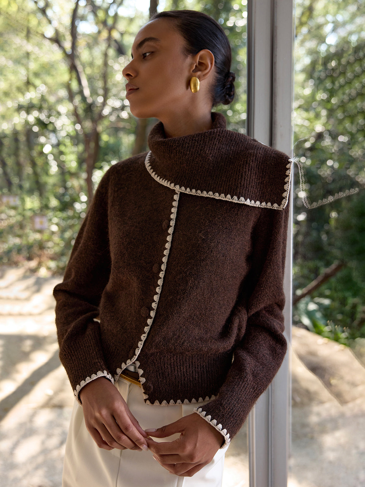 Scalloped Trim Wool-Blend Knit Cardigan