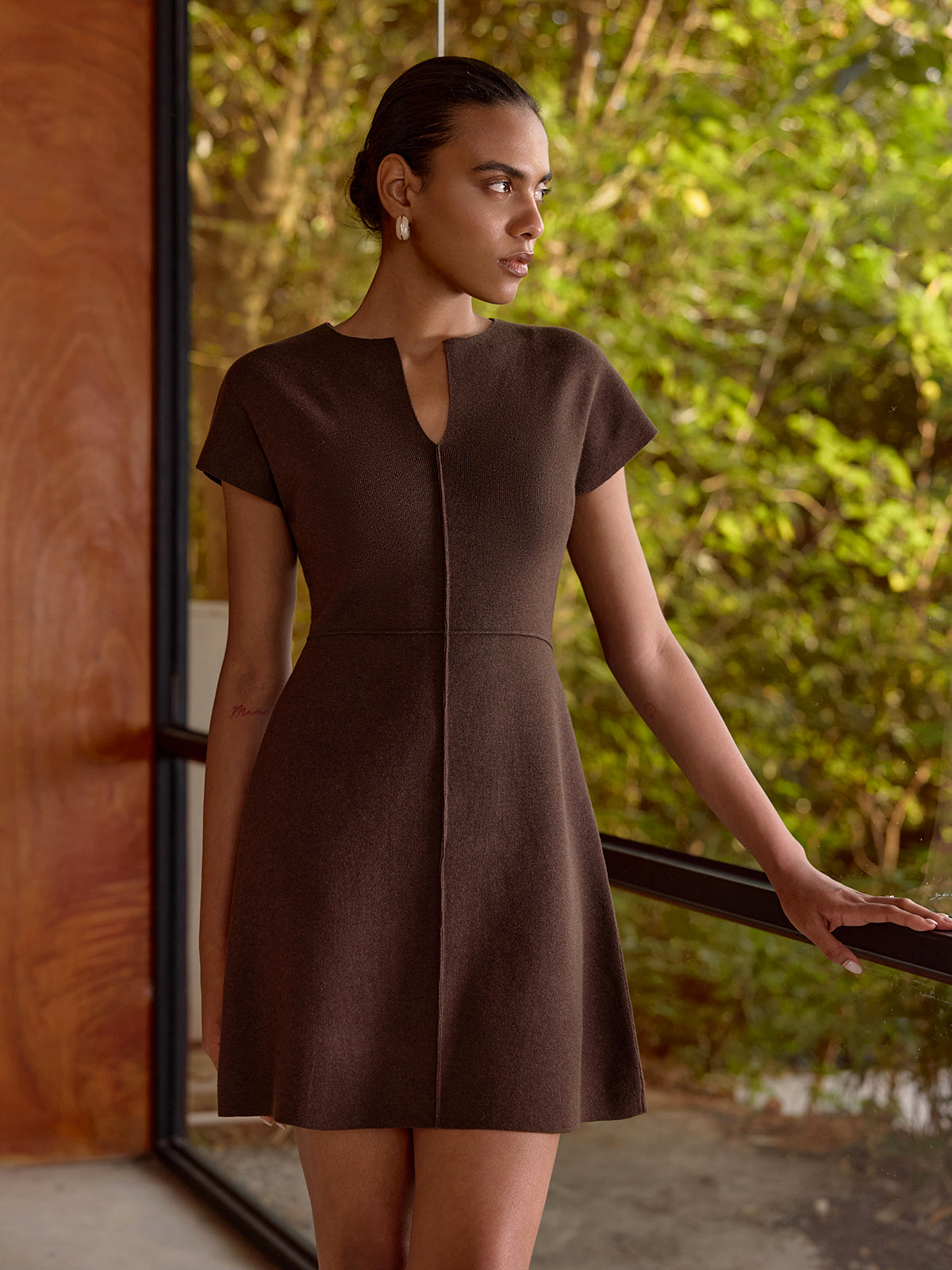 Keyhole Neck Wool-Blend Knit Mini Dress