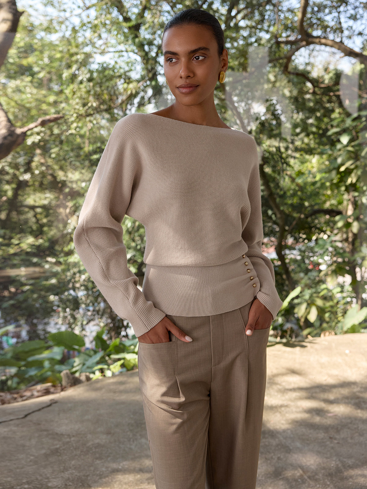 Metal Detail Ribbed Knit Sweater