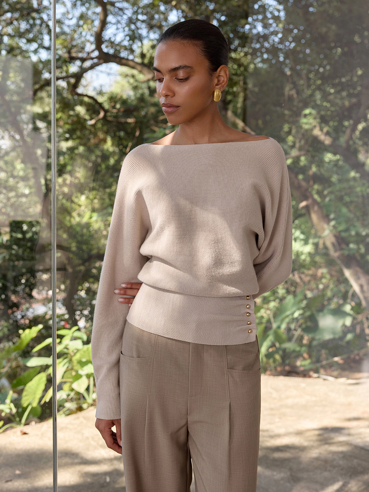 Metal Detail Ribbed Knit Sweater