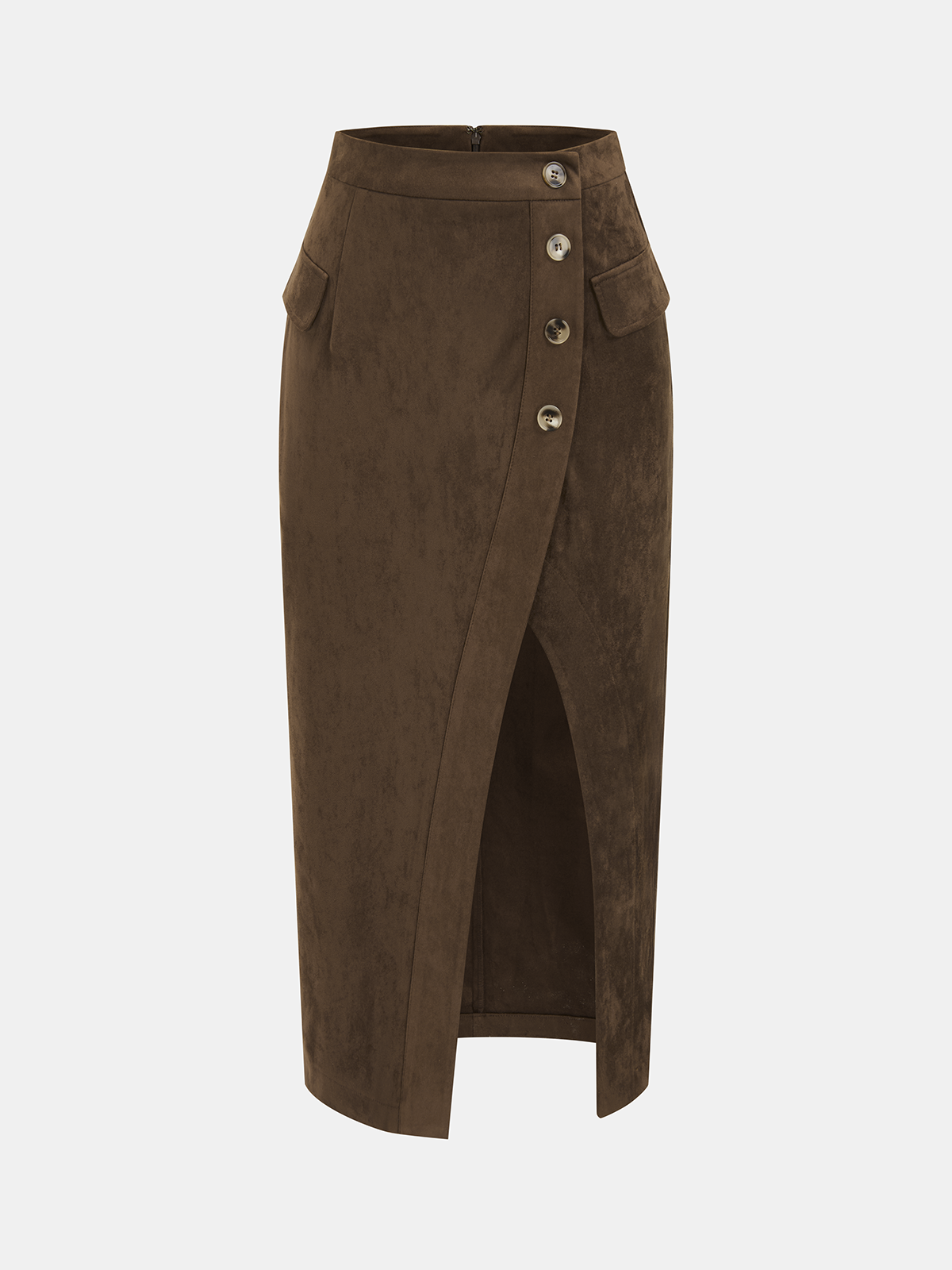Button Detail Suede Effect Midi Skirt