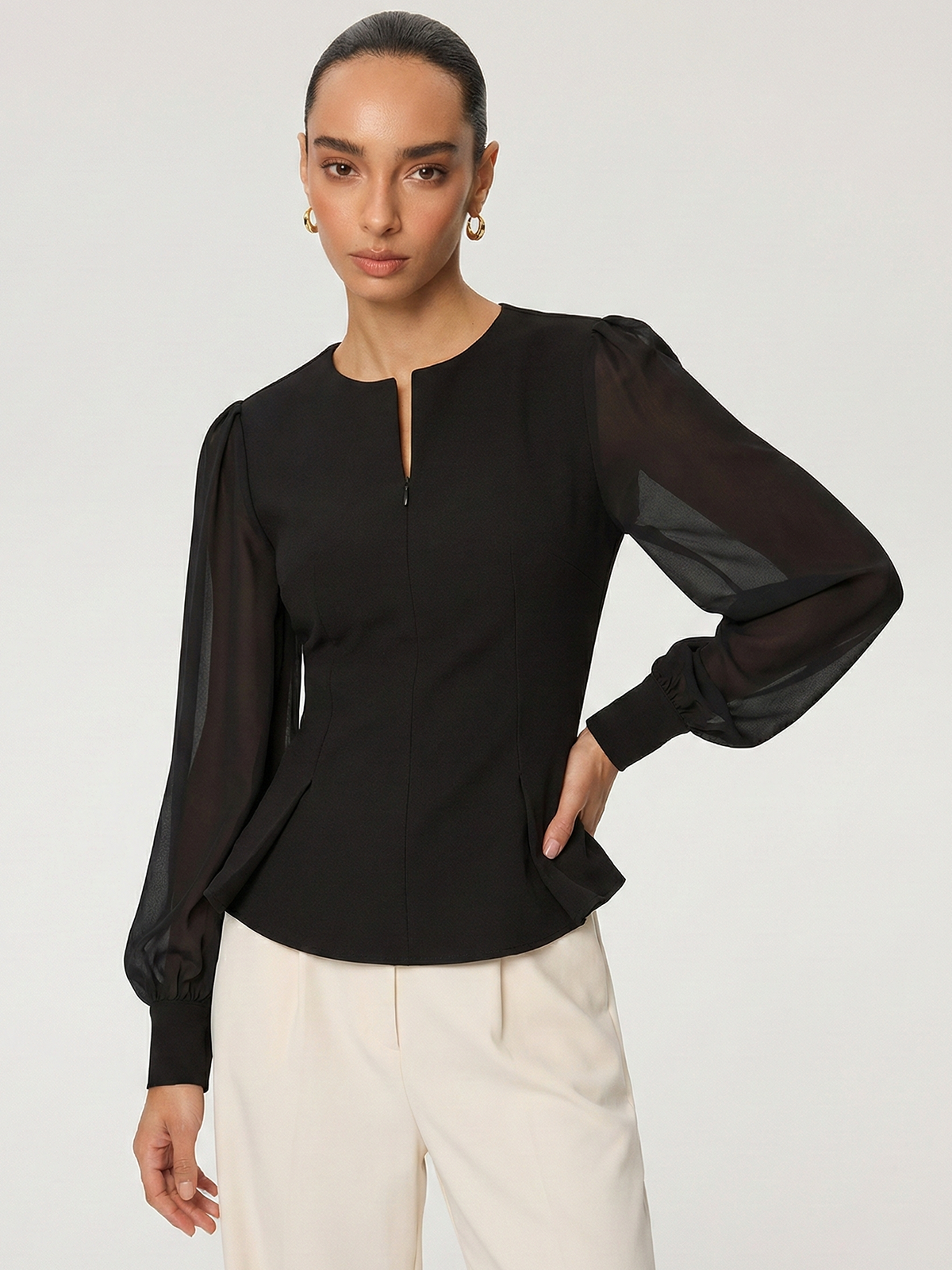 Sheer Sleeve Peplum Zipper Keyhole Neck Blouse