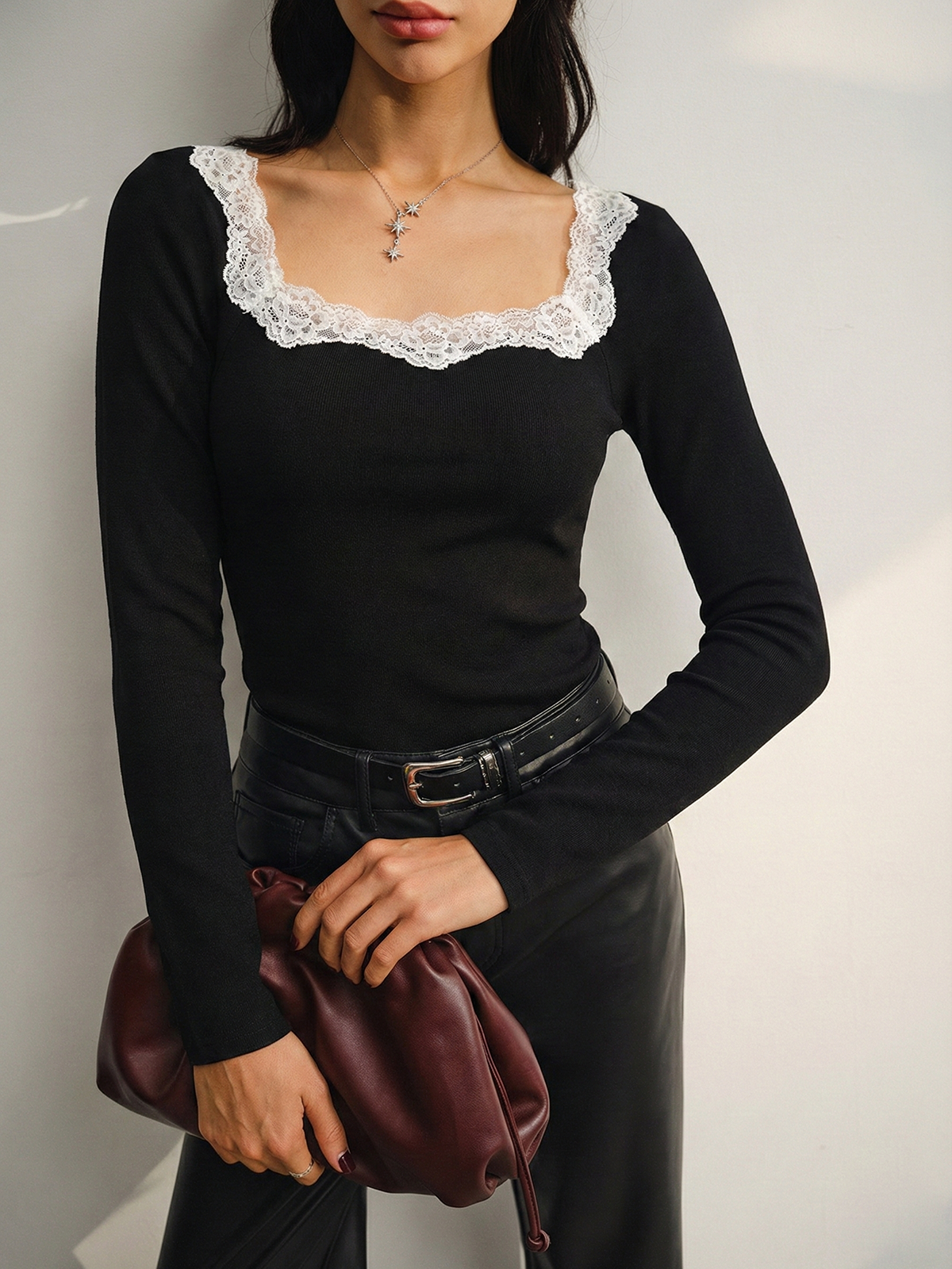 Lace Square Neck Ribbed Long-Sleeve Top