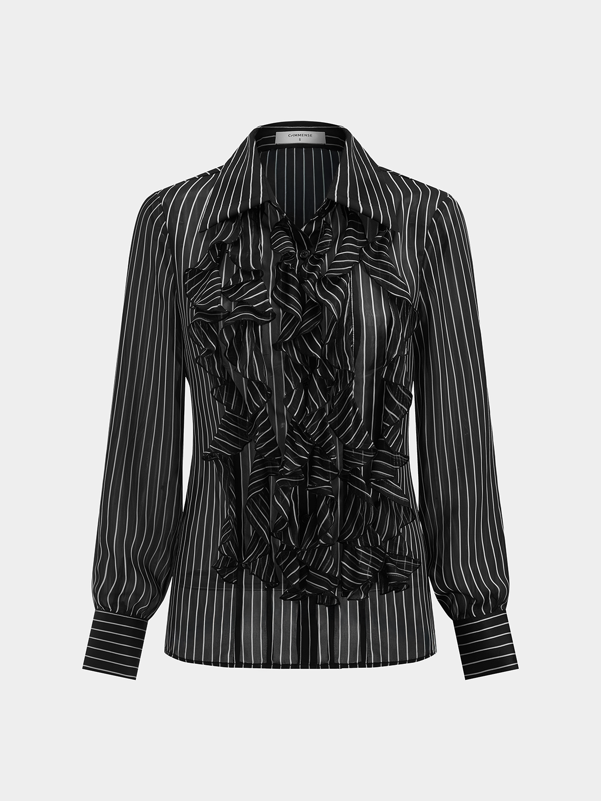 Ruffle Detail Semi-Sheer Striped Blouse