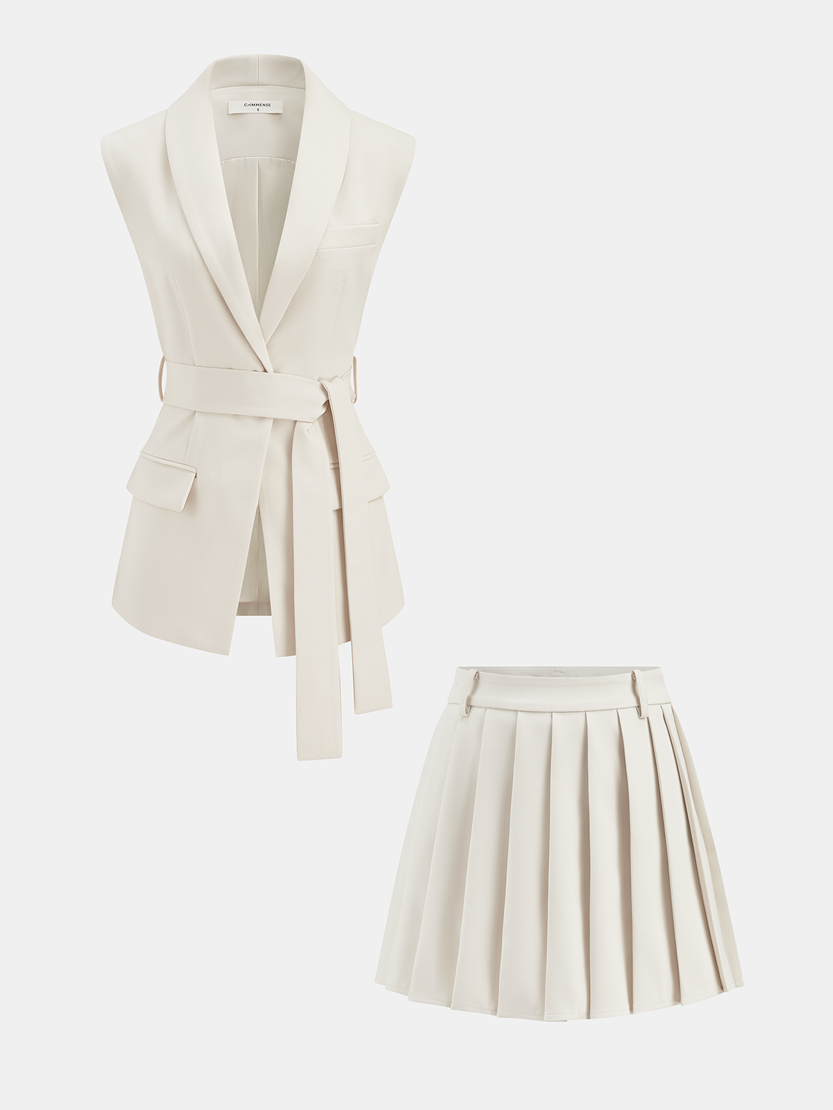 Belted Waistcoat Vest & Pleated Mini Skirt Set