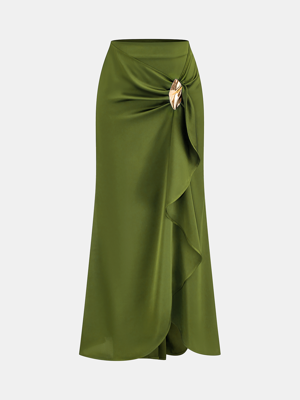 Asymmetrischer Maxi-Satinrock mit Rüschen und Metallelementen