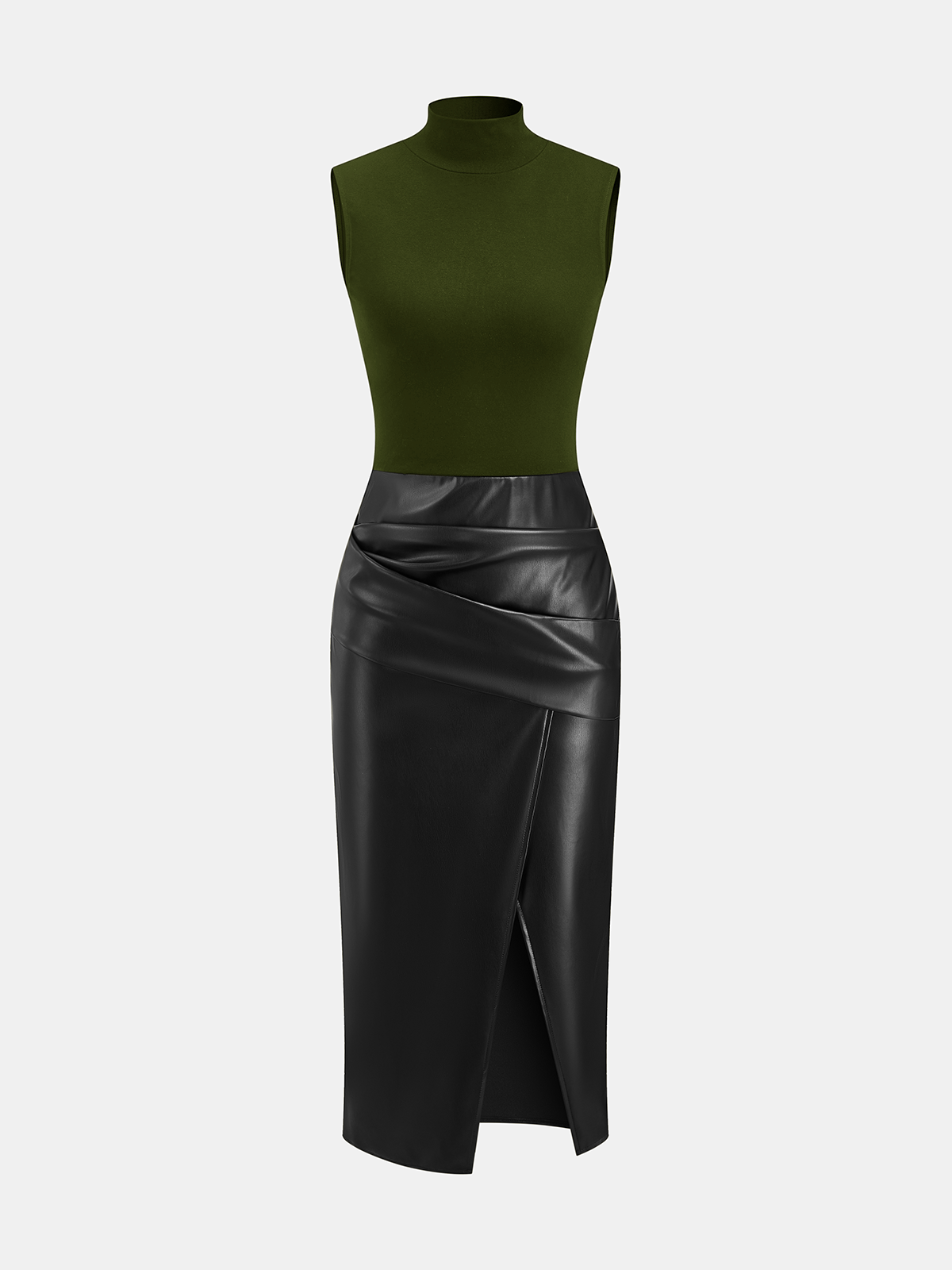 Ärmelloses Kleid mit Stehkragen und Kunstleder-Einsätzen