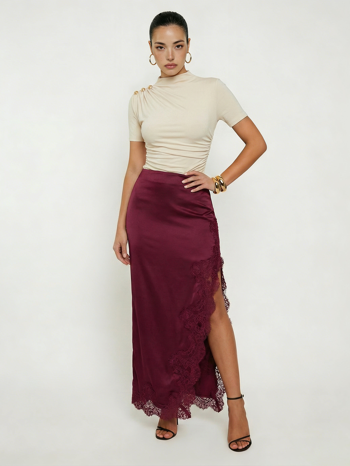 Metal Detail Mock Neck Ruched Bodysuit