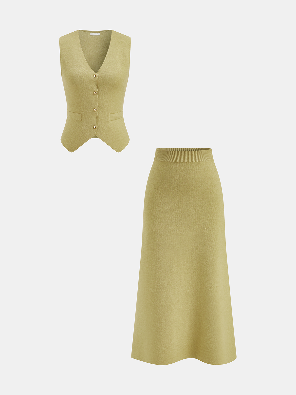 Metal Button Knit Vest & Midi Skirt Set
