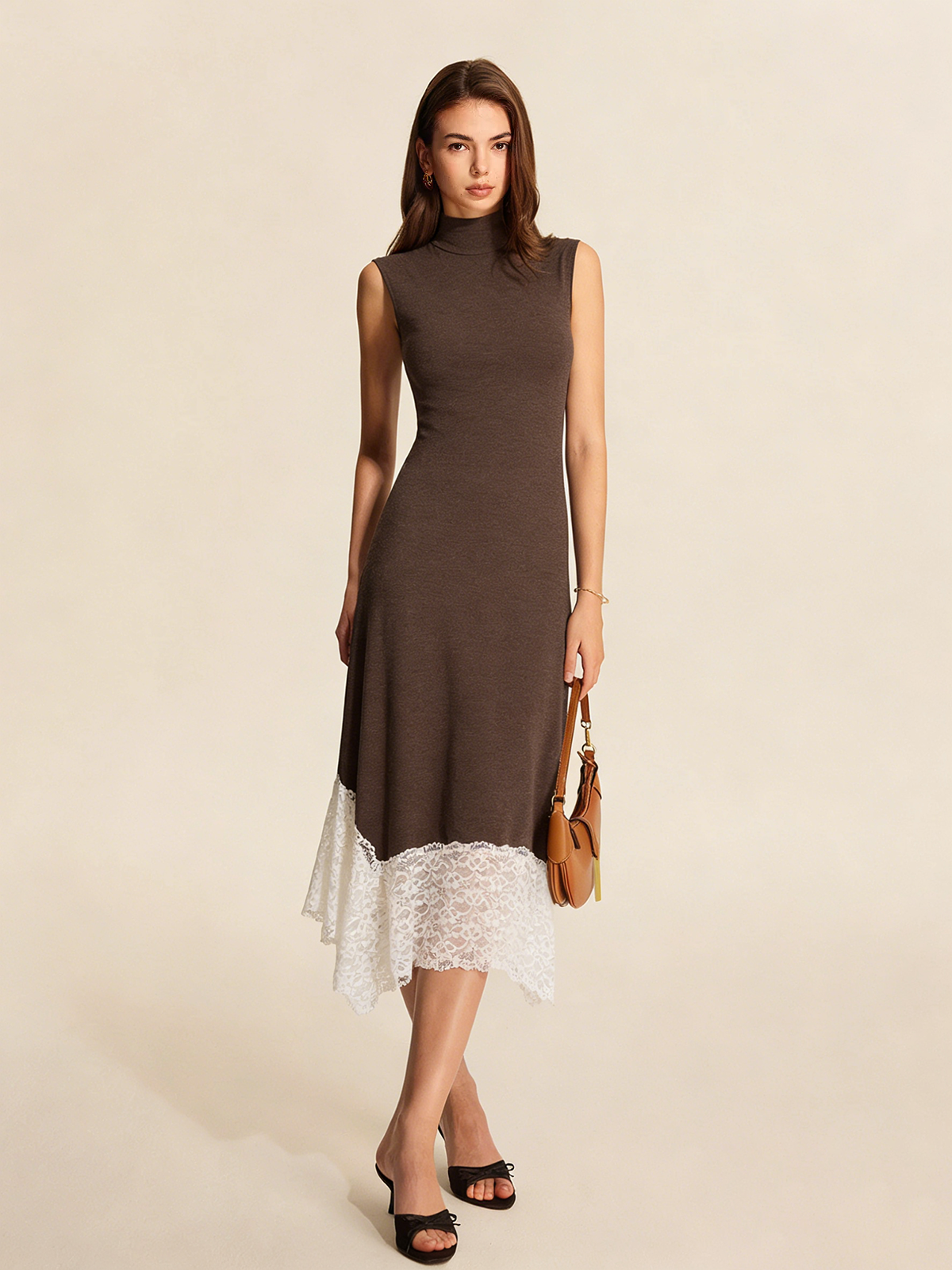 Lace Hem Sleeveless Turtleneck Maxi Dress