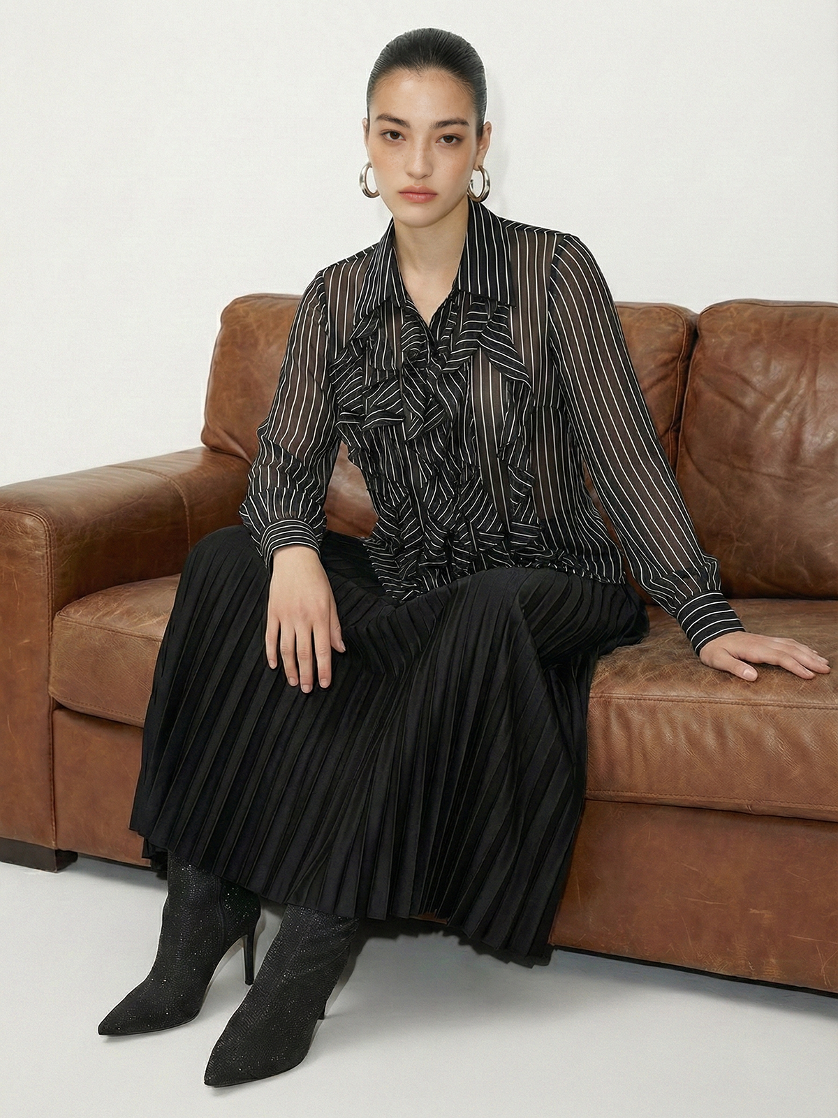 Ruffle Detail Semi-Sheer Striped Blouse