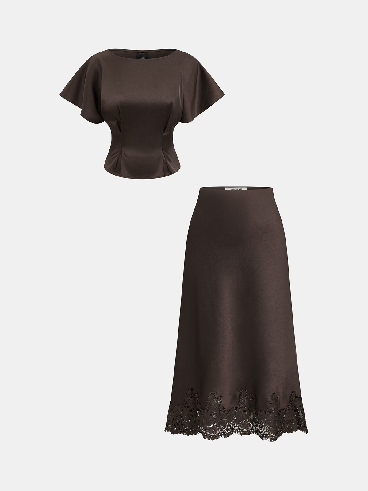 Satin Cinched-Waist Top & Lace-Trim Skirt Set