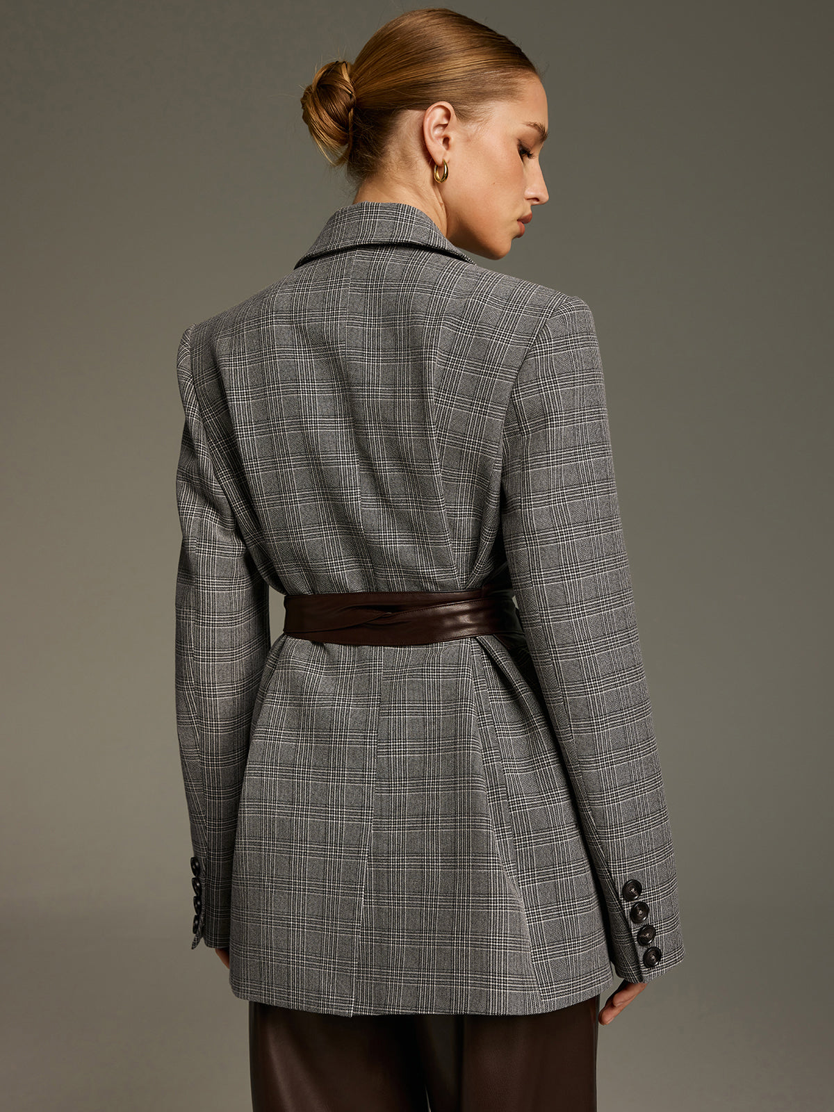 Plaid Double-Breasted Blazer with Waist Belt