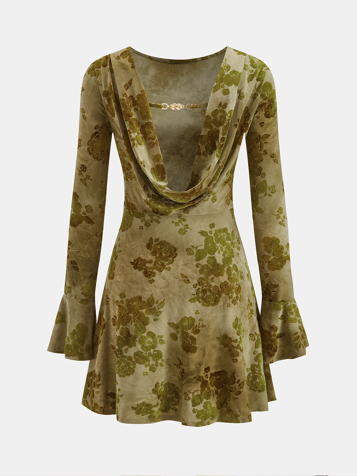 Backless Bell Cuff Floral Print Long-Sleeve Dress