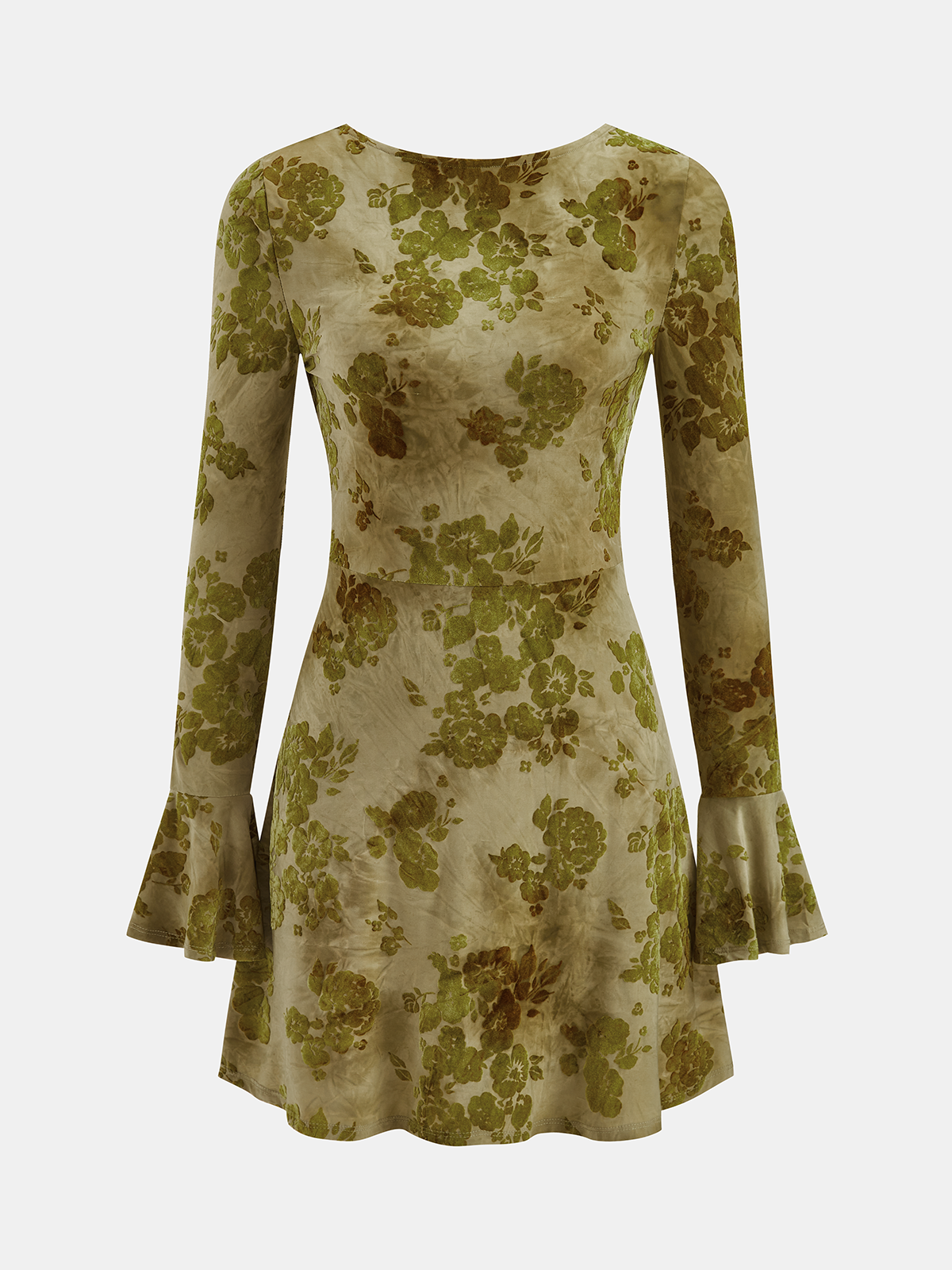 Backless Bell Cuff Floral Print Long-Sleeve Dress