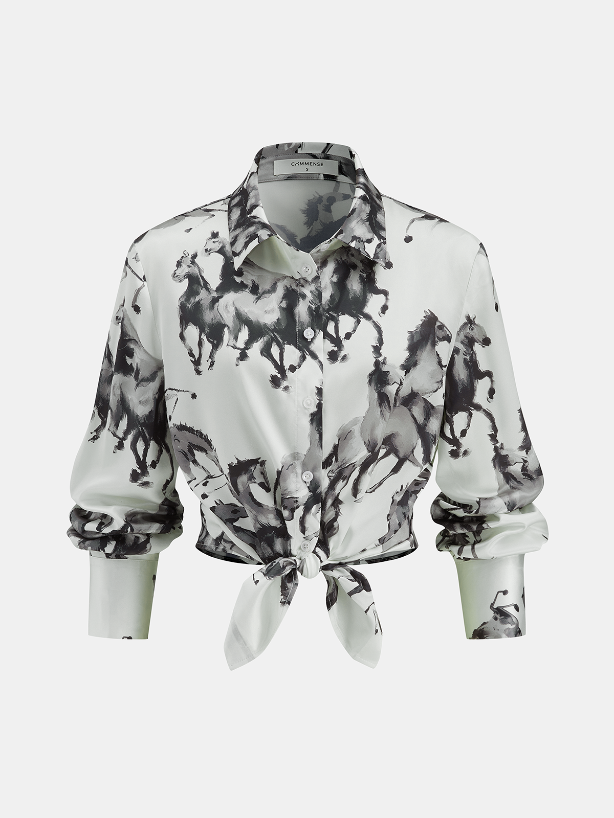 Horse Print Satin Knot-Front Long Sleeve Shirt
